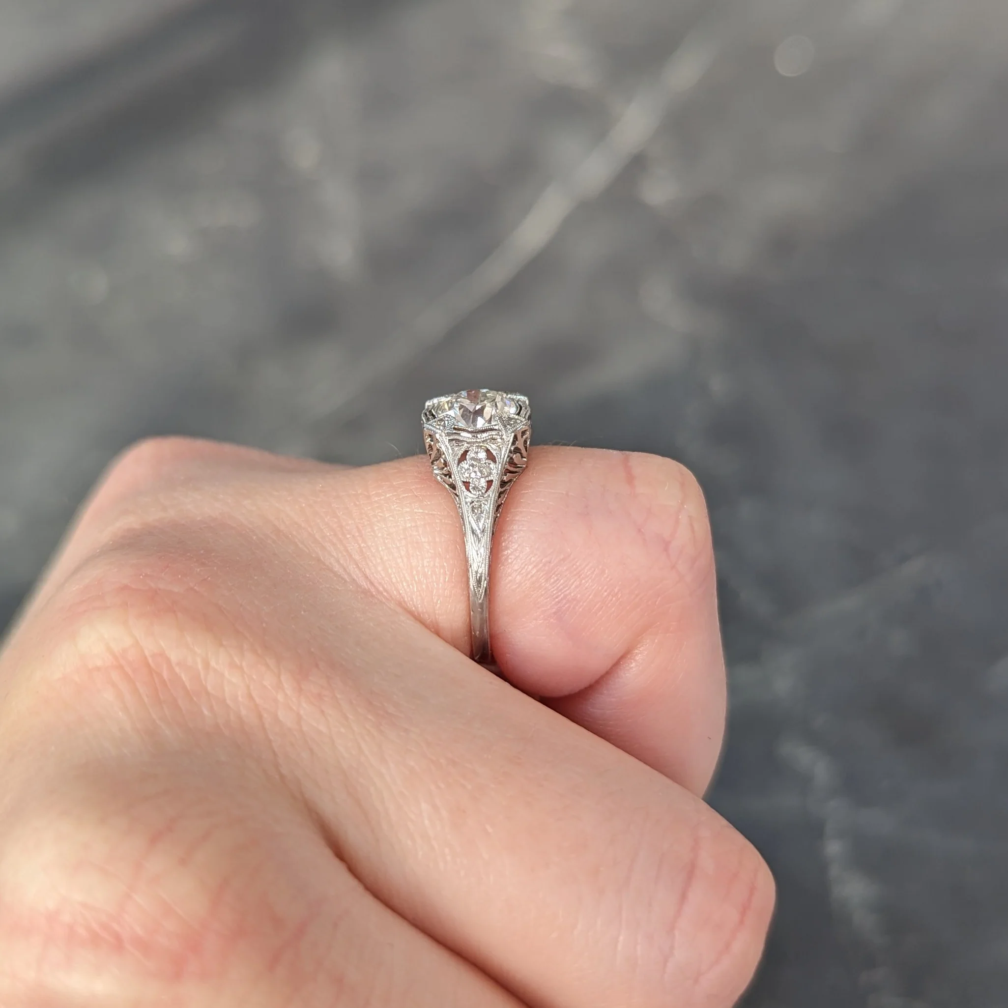 Art Deco 1.08 CTW Old European Cut Diamond Platinum Lotus Filigree Engagement Ring - Image 14