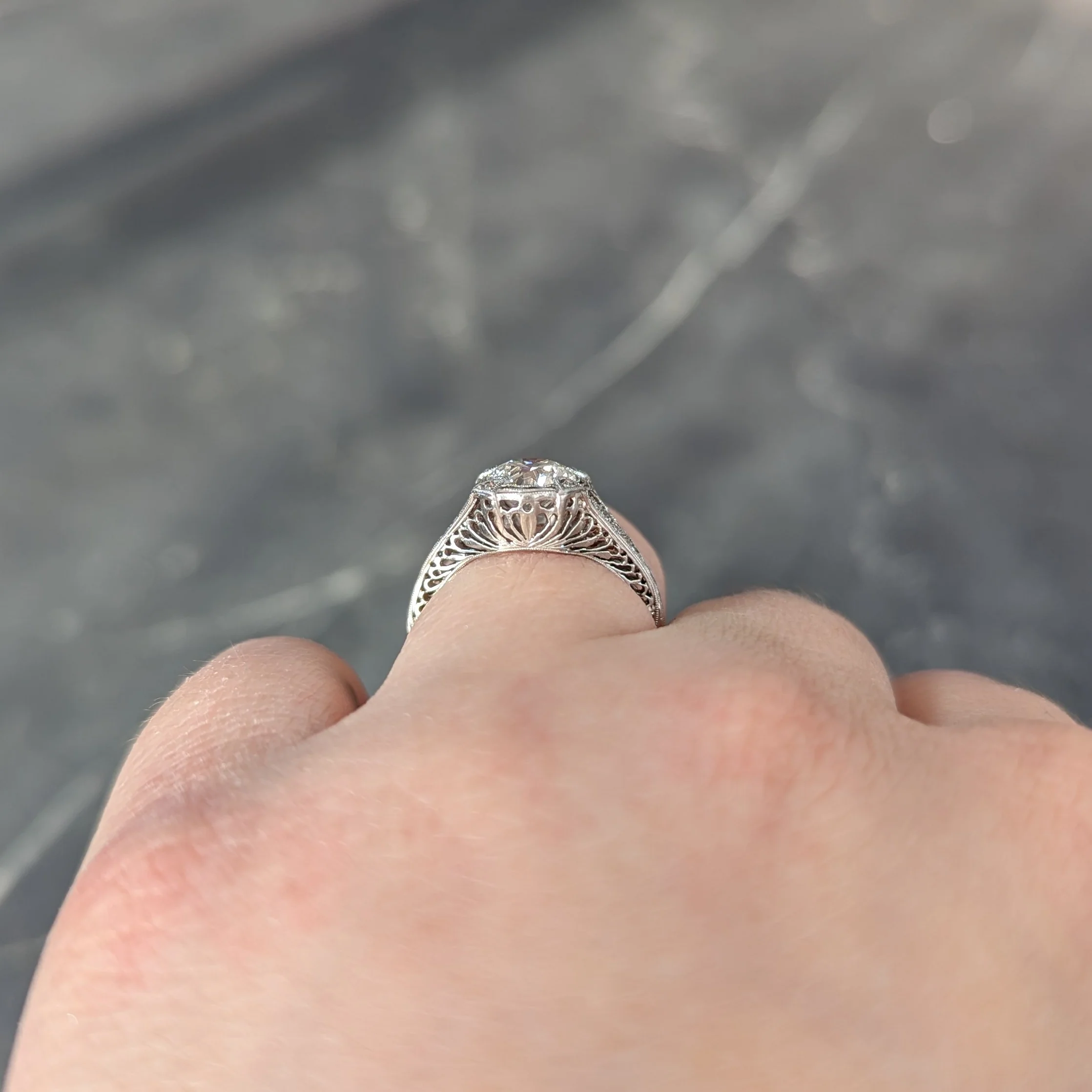 Art Deco 1.08 CTW Old European Cut Diamond Platinum Lotus Filigree Engagement Ring - Image 15