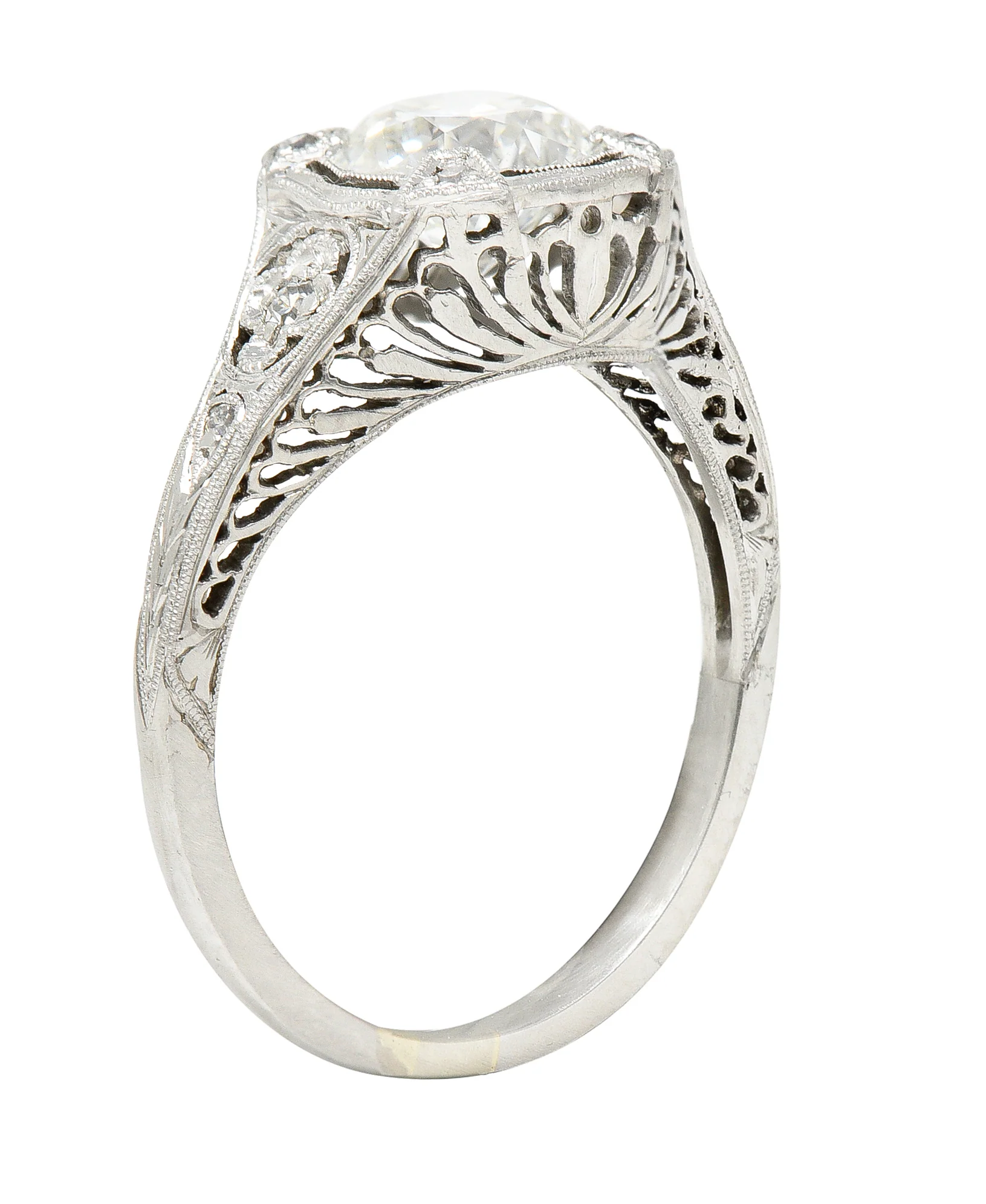 Art Deco 1.08 CTW Old European Cut Diamond Platinum Lotus Filigree Engagement Ring - Image 2