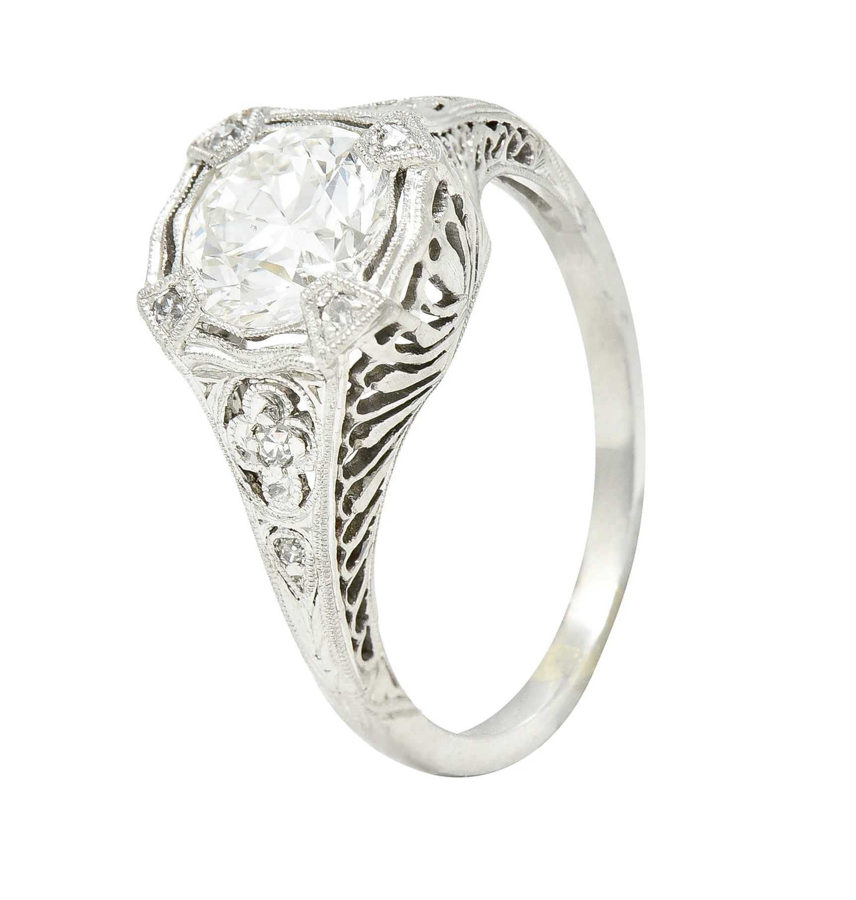 Art Deco 1.08 CTW Old European Cut Diamond Platinum Lotus Filigree Engagement Ring - Image 9