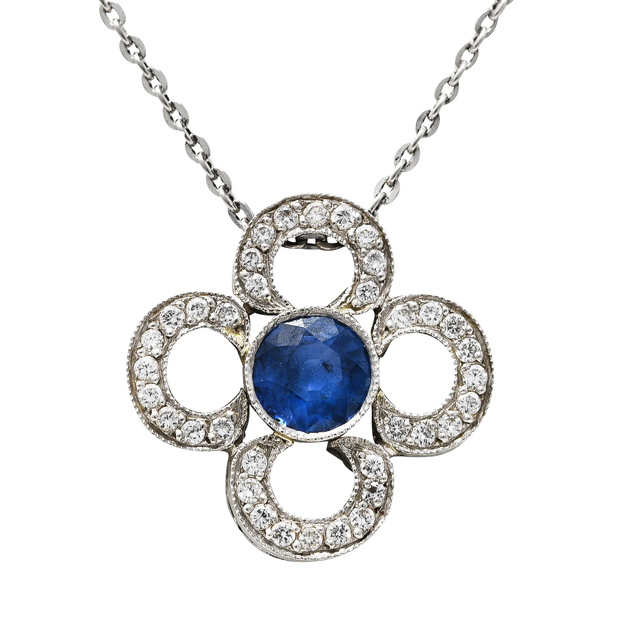 Art Deco 1.10 CTW Diamond Sapphire Platinum Quatrefoil Pendant Necklace