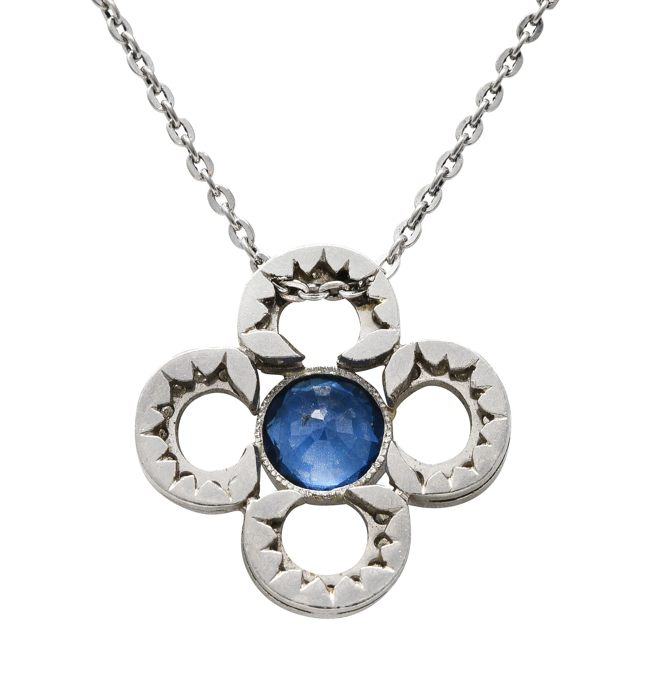 Art Deco 1.10 CTW Diamond Sapphire Platinum Quatrefoil Pendant Necklace - Image 4