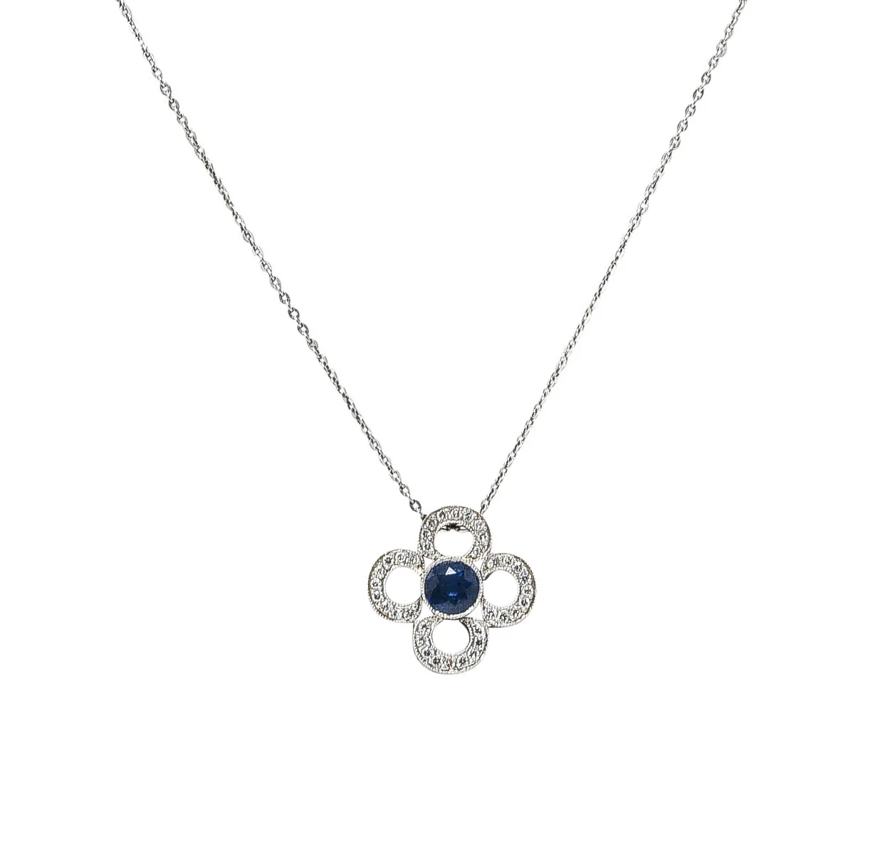 Art Deco 1.10 CTW Diamond Sapphire Platinum Quatrefoil Pendant Necklace - Image 9