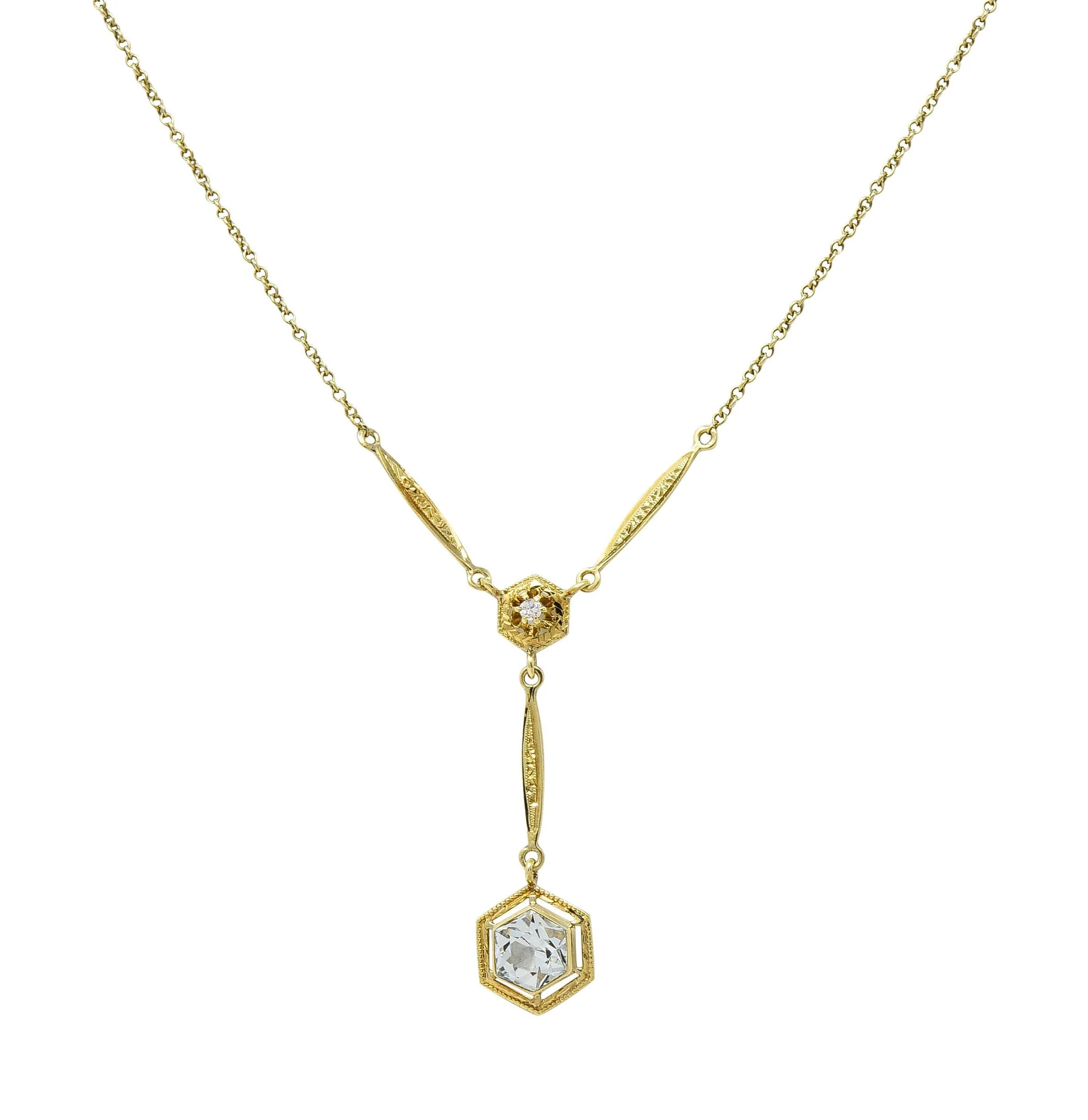 Art Deco 1.10 CTW Hexagonal Aquamarine Diamond 14 Karat Yellow Gold Antique Lavalier Drop Necklace - Image 10