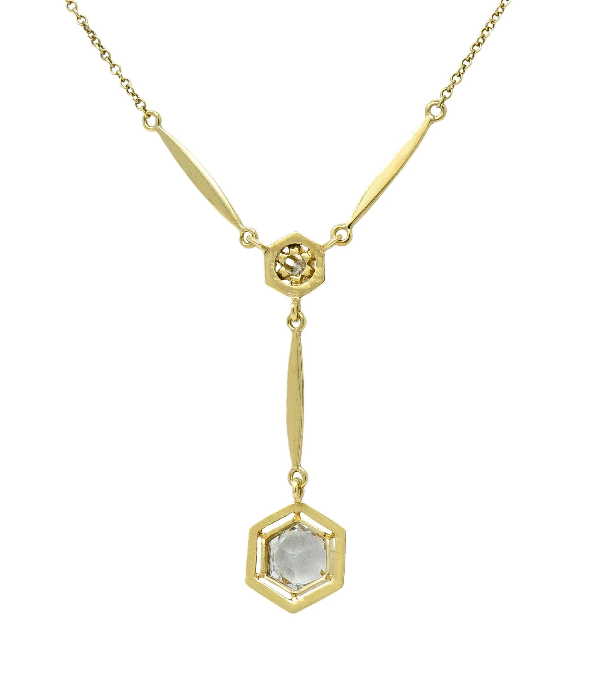 Art Deco 1.10 CTW Hexagonal Aquamarine Diamond 14 Karat Yellow Gold Antique Lavalier Drop Necklace - Image 12