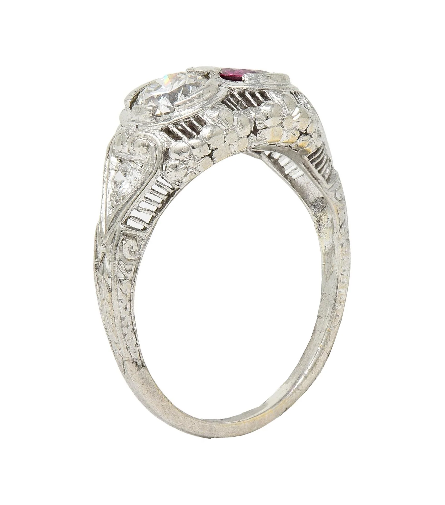 Art Deco 1.10 CTW No Heat Ruby Diamond 18 Karat White Gold Vintage Toi-Et-Moi Ring GIA - Image 9