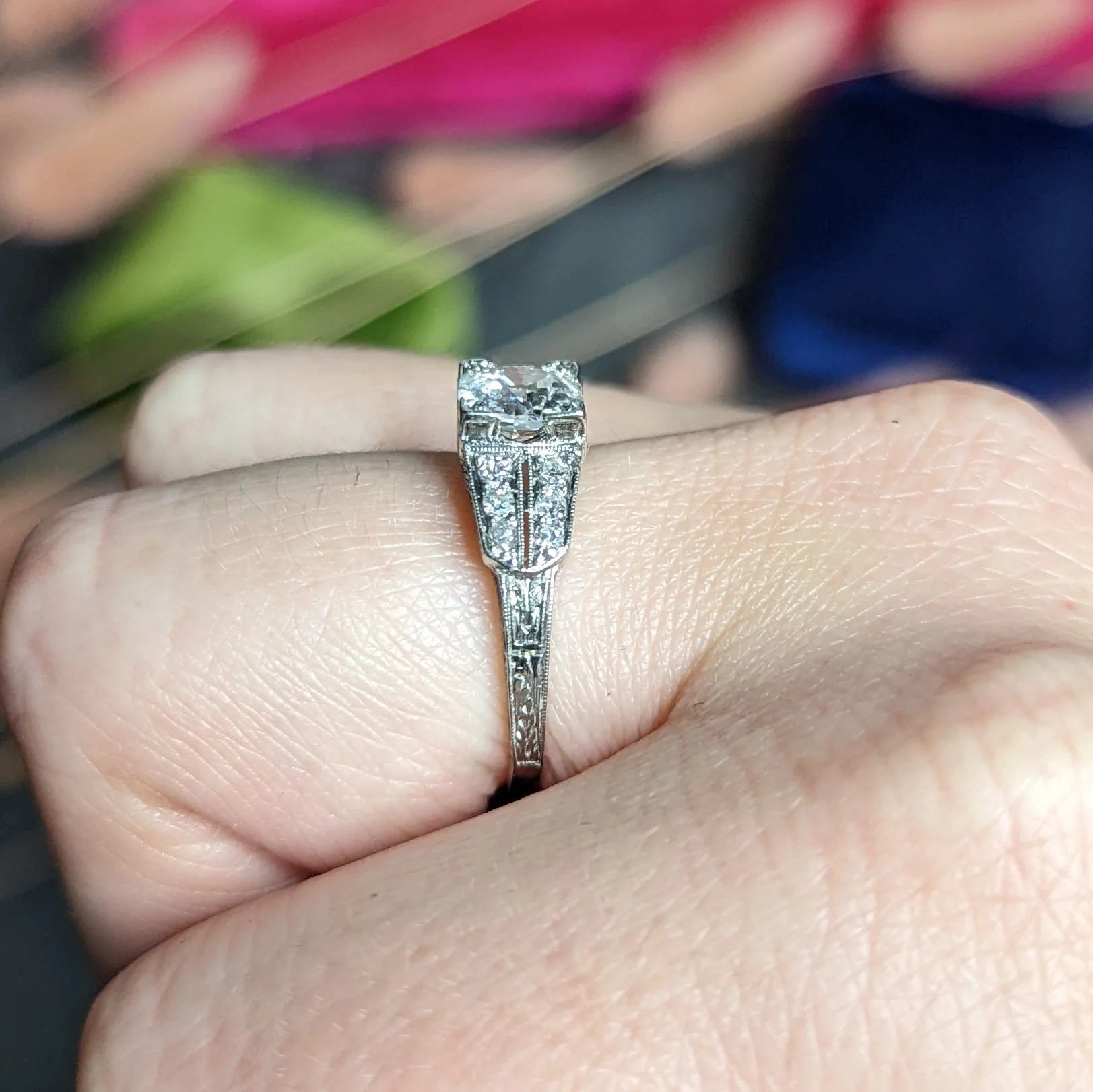 Art Deco 1.14 CTW Old European Diamond Platinum Foliate Engagement Ring GIA - Image 14