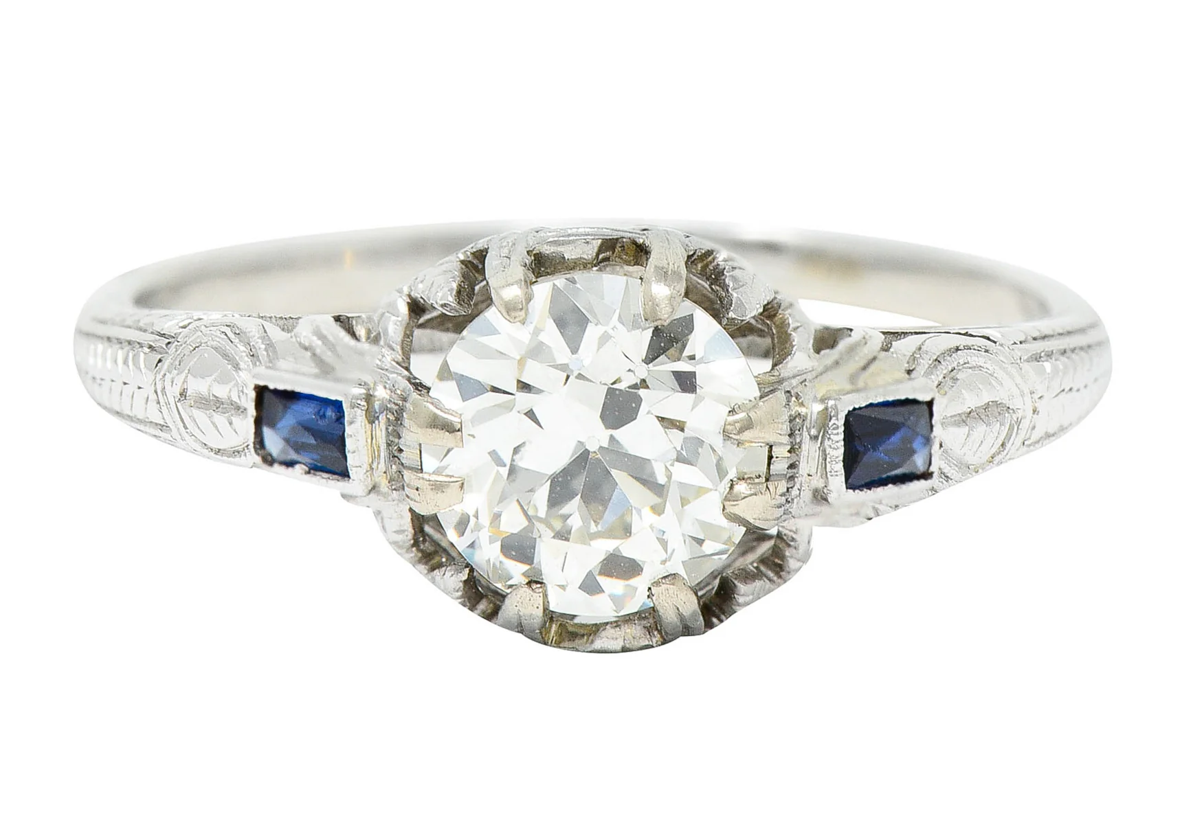 Art Deco 1.23 CTW Diamond Sapphire 14 Karat White Gold Foliate Engagement Ring GIA