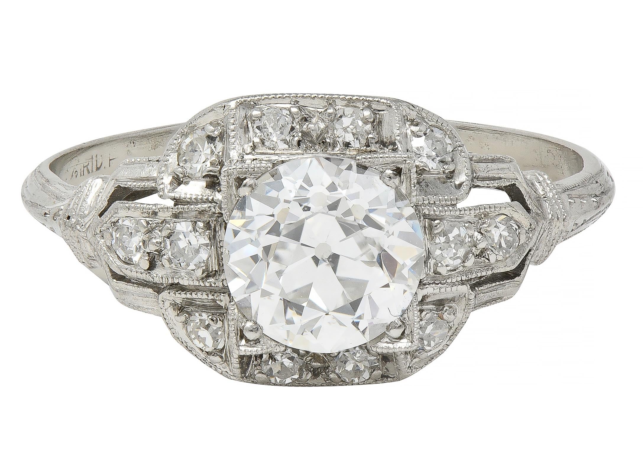 Art Deco 1.40 CTW Old European Cut Diamond Platinum Vintage Bombé Engagement Ring GIA