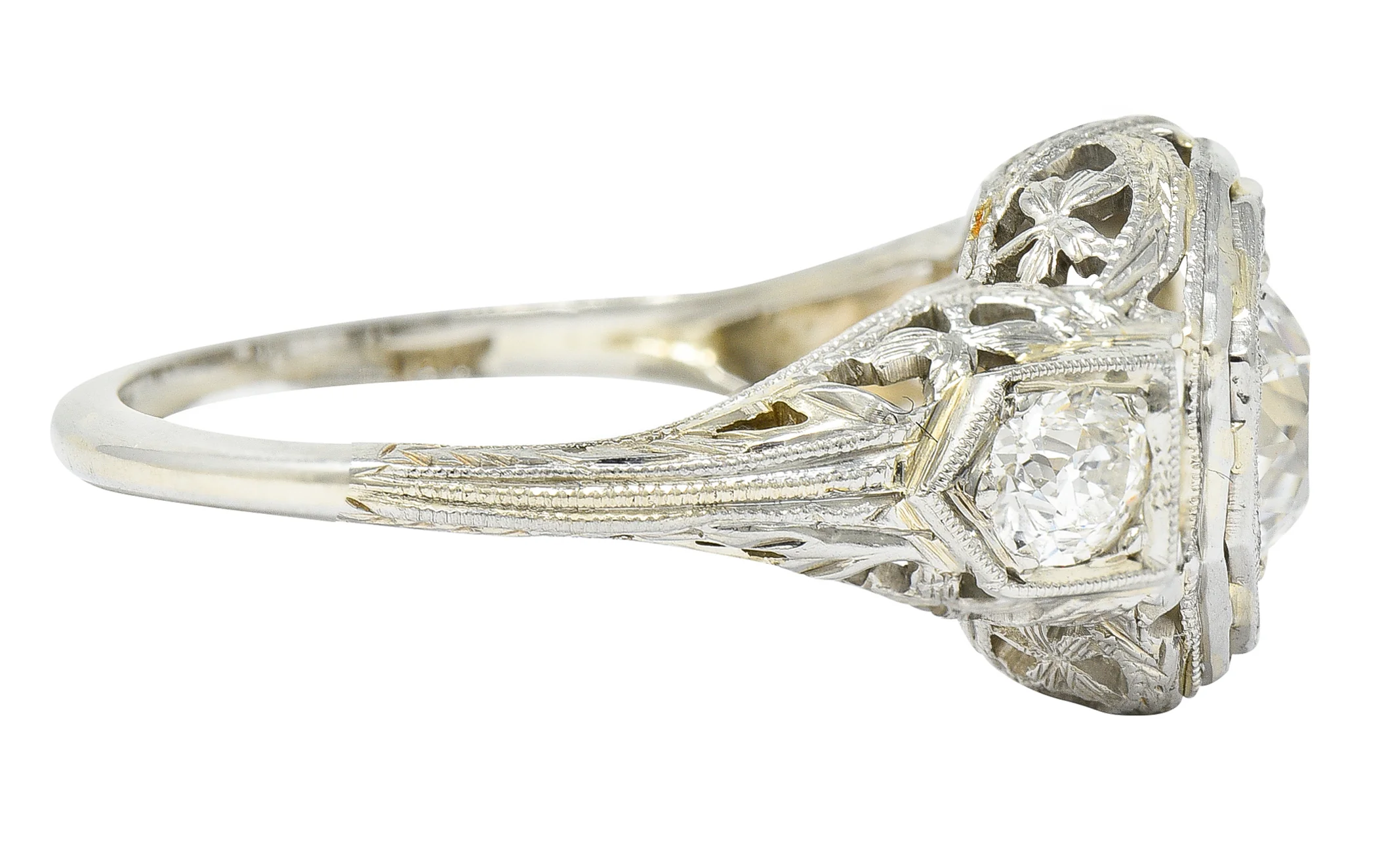 Art Deco 1.41 CTW Diamond 18 Karat White Gold Floral Vintage Engagement Ring GIA - Image 4