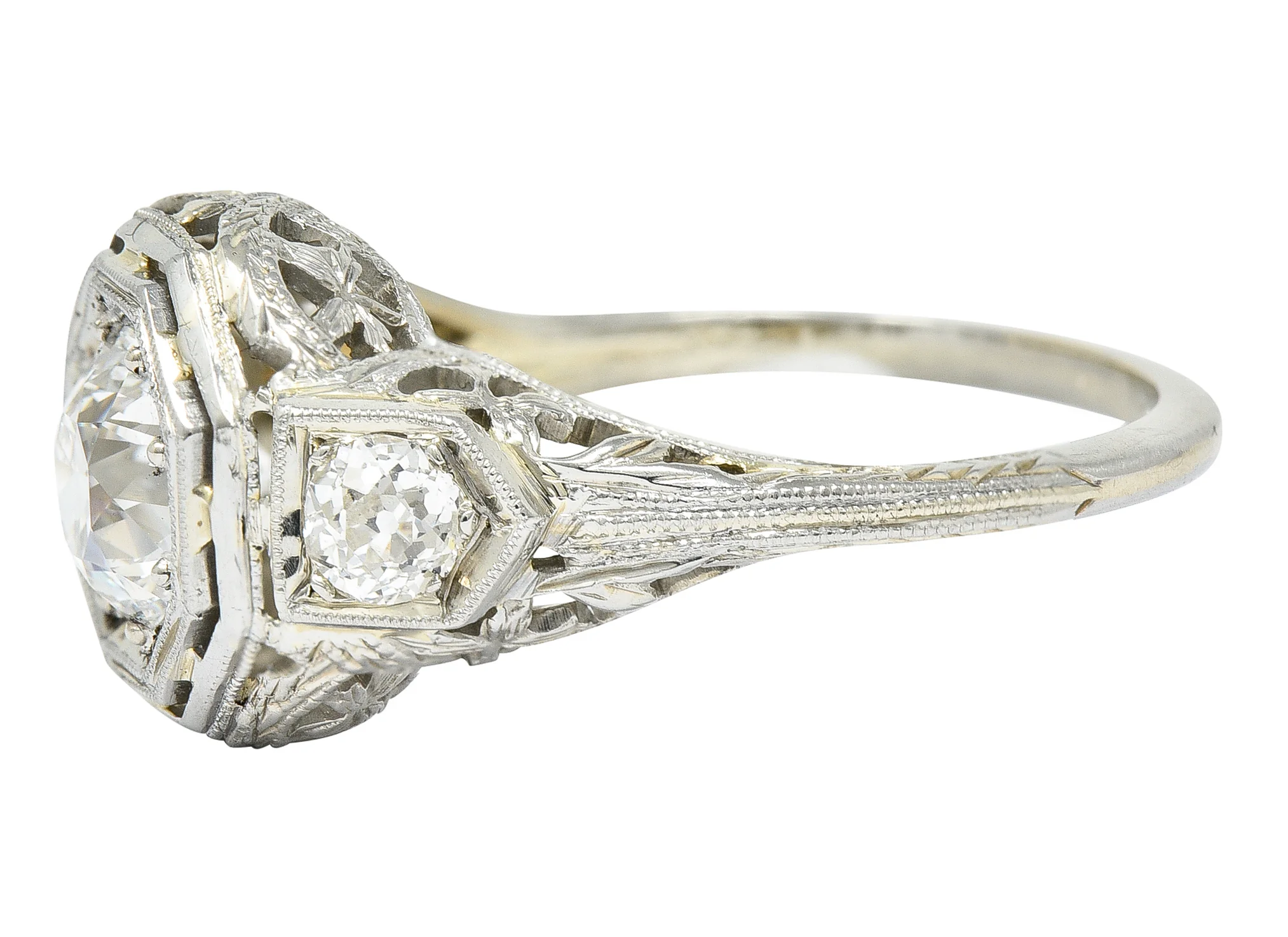 Art Deco 1.41 CTW Diamond 18 Karat White Gold Floral Vintage Engagement Ring GIA - Image 6