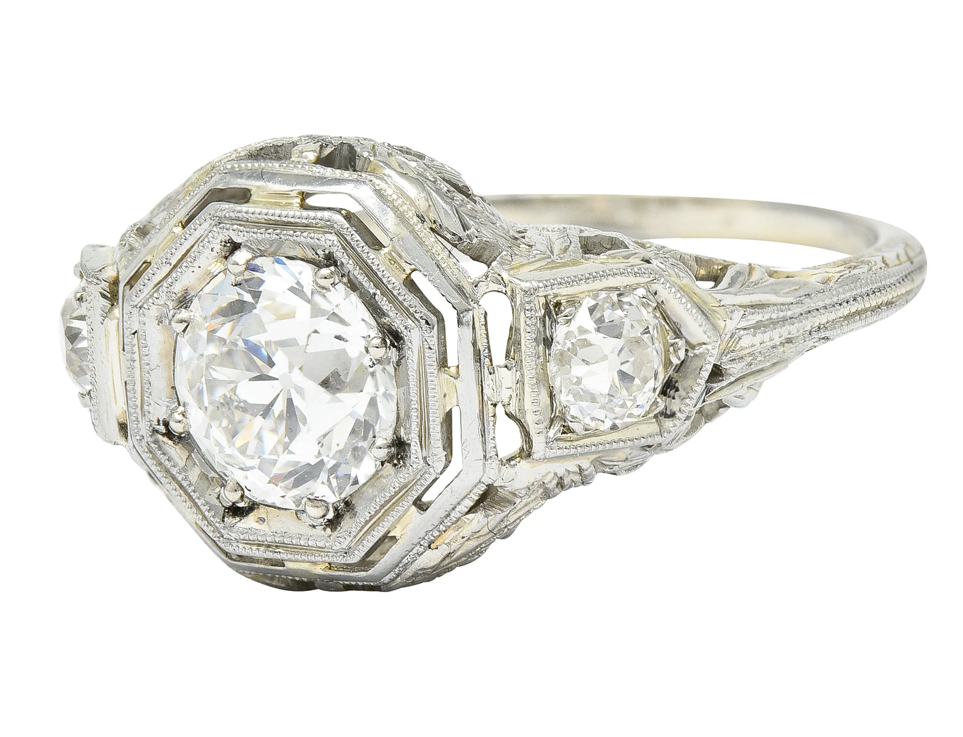 Art Deco 1.41 CTW Diamond 18 Karat White Gold Floral Vintage Engagement Ring GIA - Image 7