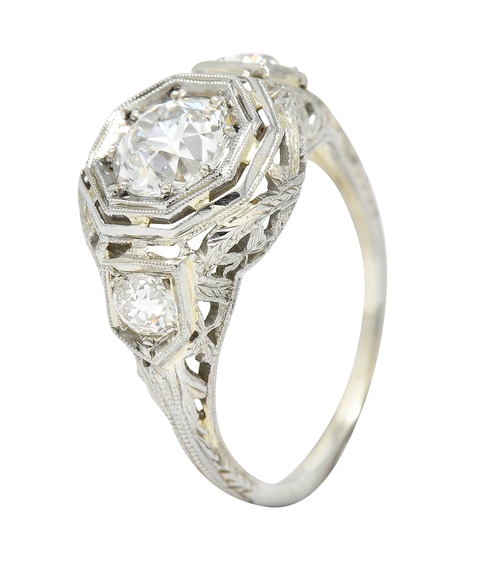 Art Deco 1.41 CTW Diamond 18 Karat White Gold Floral Vintage Engagement Ring GIA - Image 9