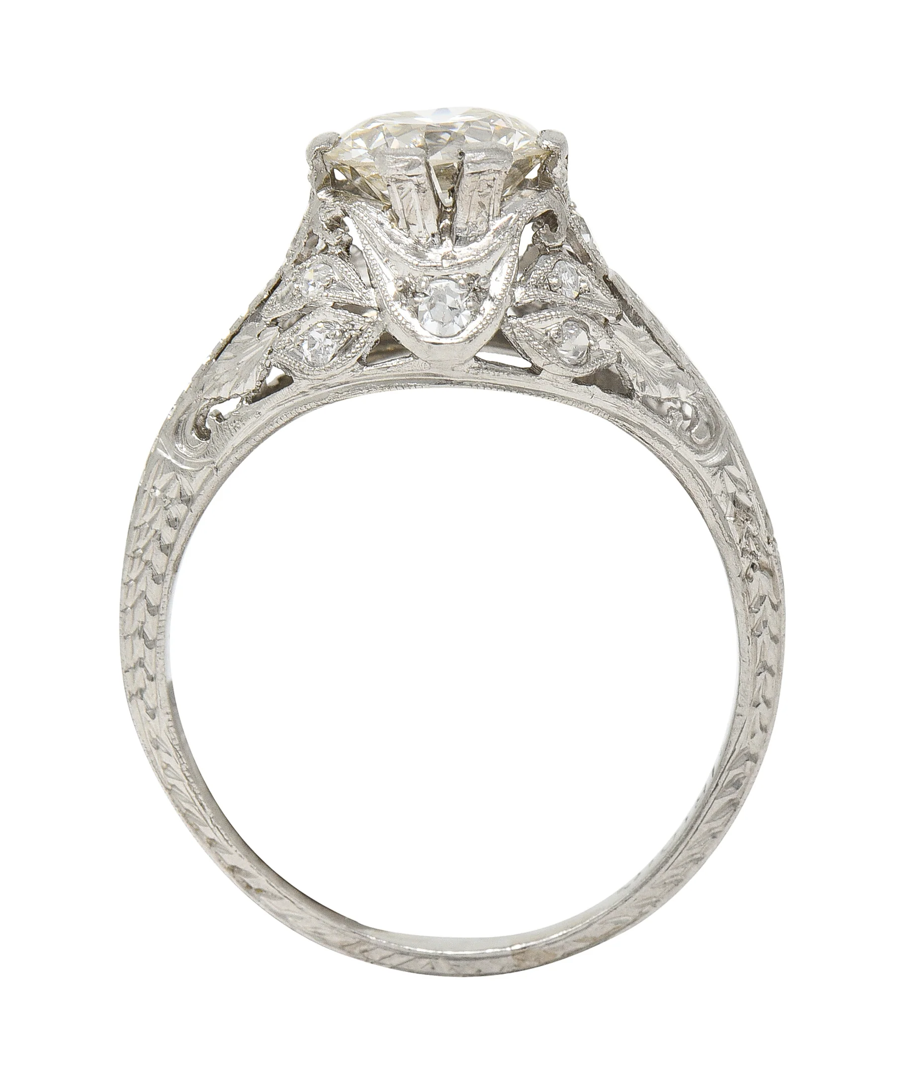 Art Deco 1.44 CTW Old European Diamond Platinum Foliate Vintage Engagement Ring - Image 10