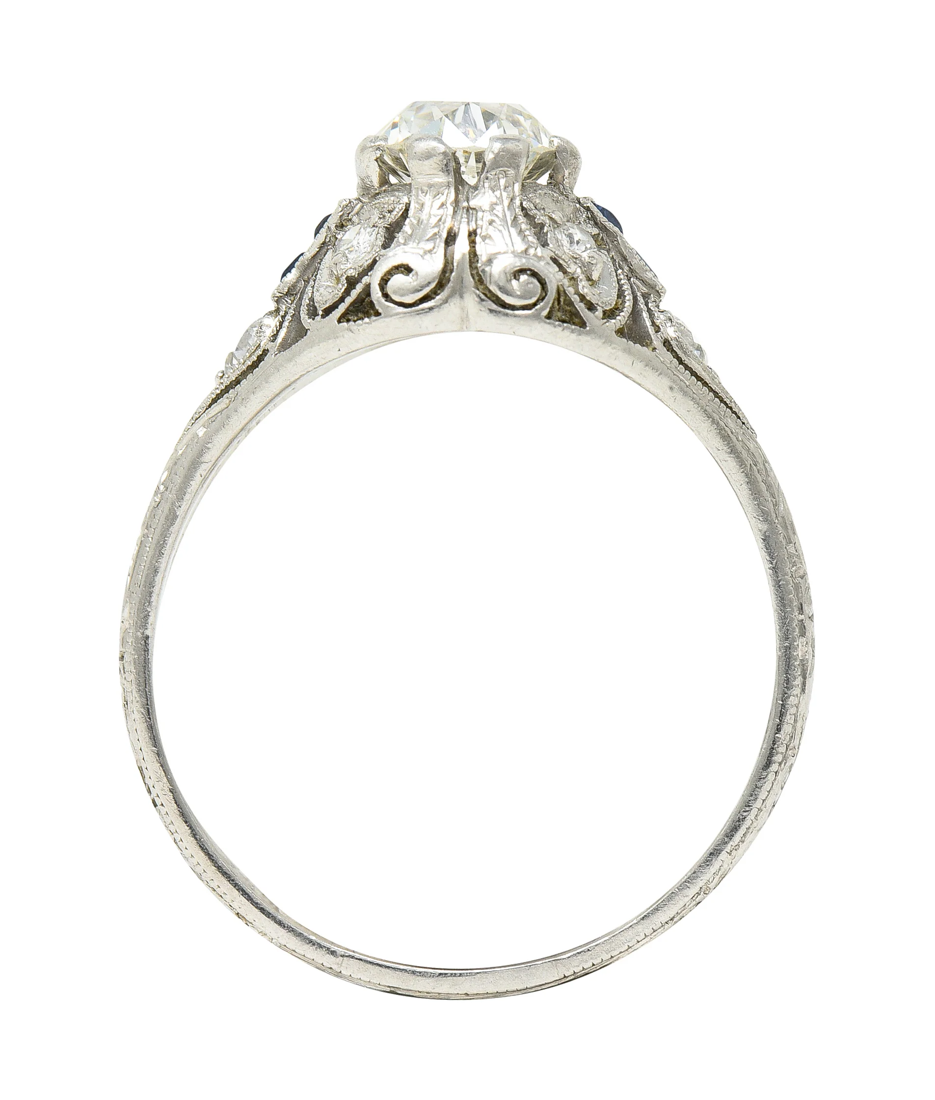 Art Deco 1.55 CTW Old European Diamond Sapphire Platinum Clover Vintage Engagement Ring - Image 10