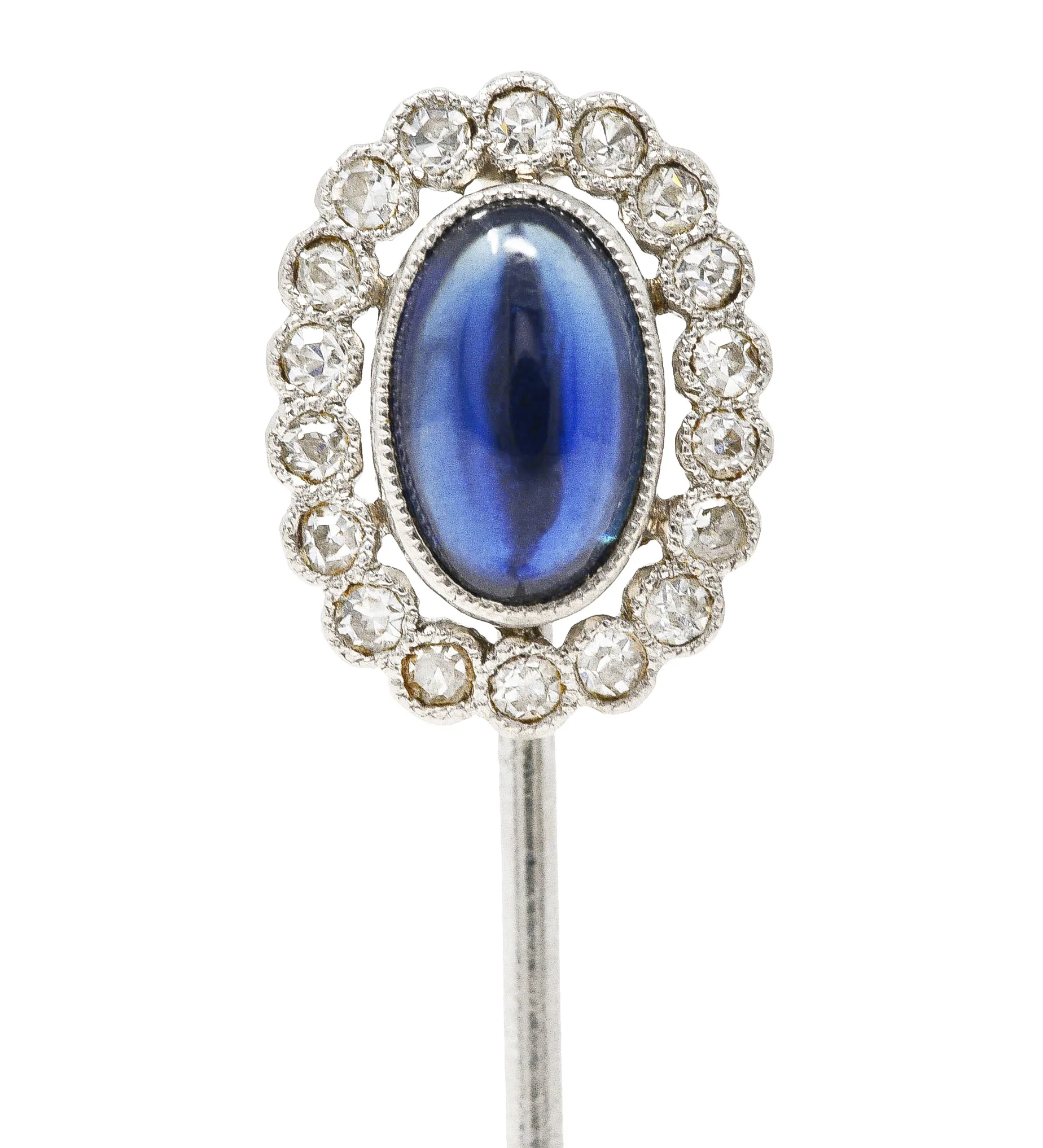 Art Deco 1.65 CTW Sapphire Cabochon Diamond Halo Platinum Vintage Stickpin