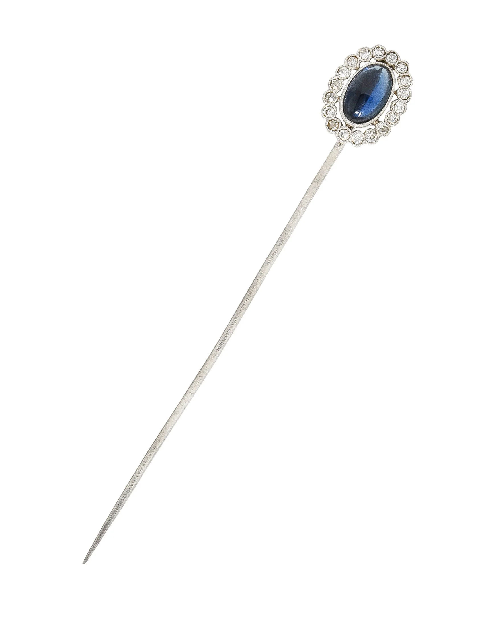 Art Deco 1.65 CTW Sapphire Cabochon Diamond Halo Platinum Vintage Stickpin - Image 2