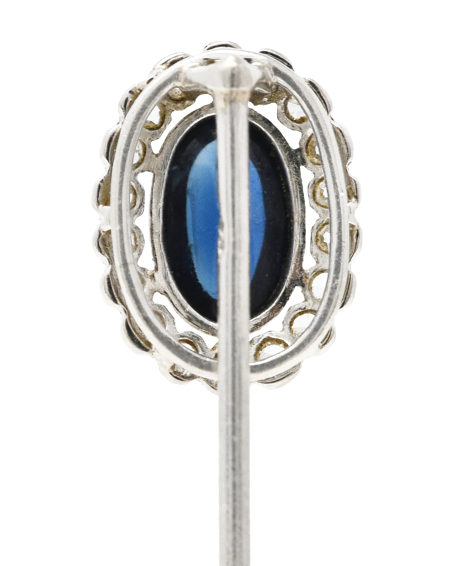 Art Deco 1.65 CTW Sapphire Cabochon Diamond Halo Platinum Vintage Stickpin - Image 4