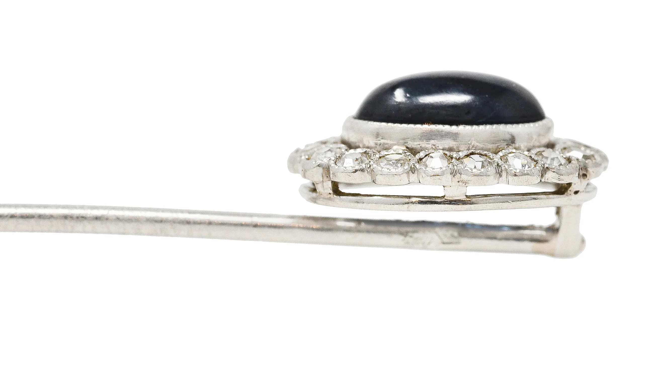 Art Deco 1.65 CTW Sapphire Cabochon Diamond Halo Platinum Vintage Stickpin - Image 7