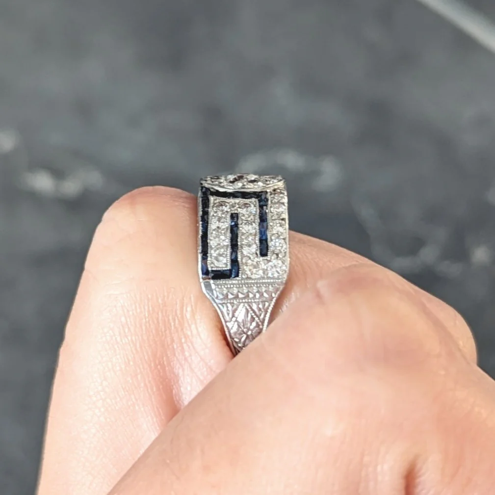 Art Deco 1.78 CTW Old European Cut Diamond Sapphire Platinum Greek Key Band Ring - Image 11