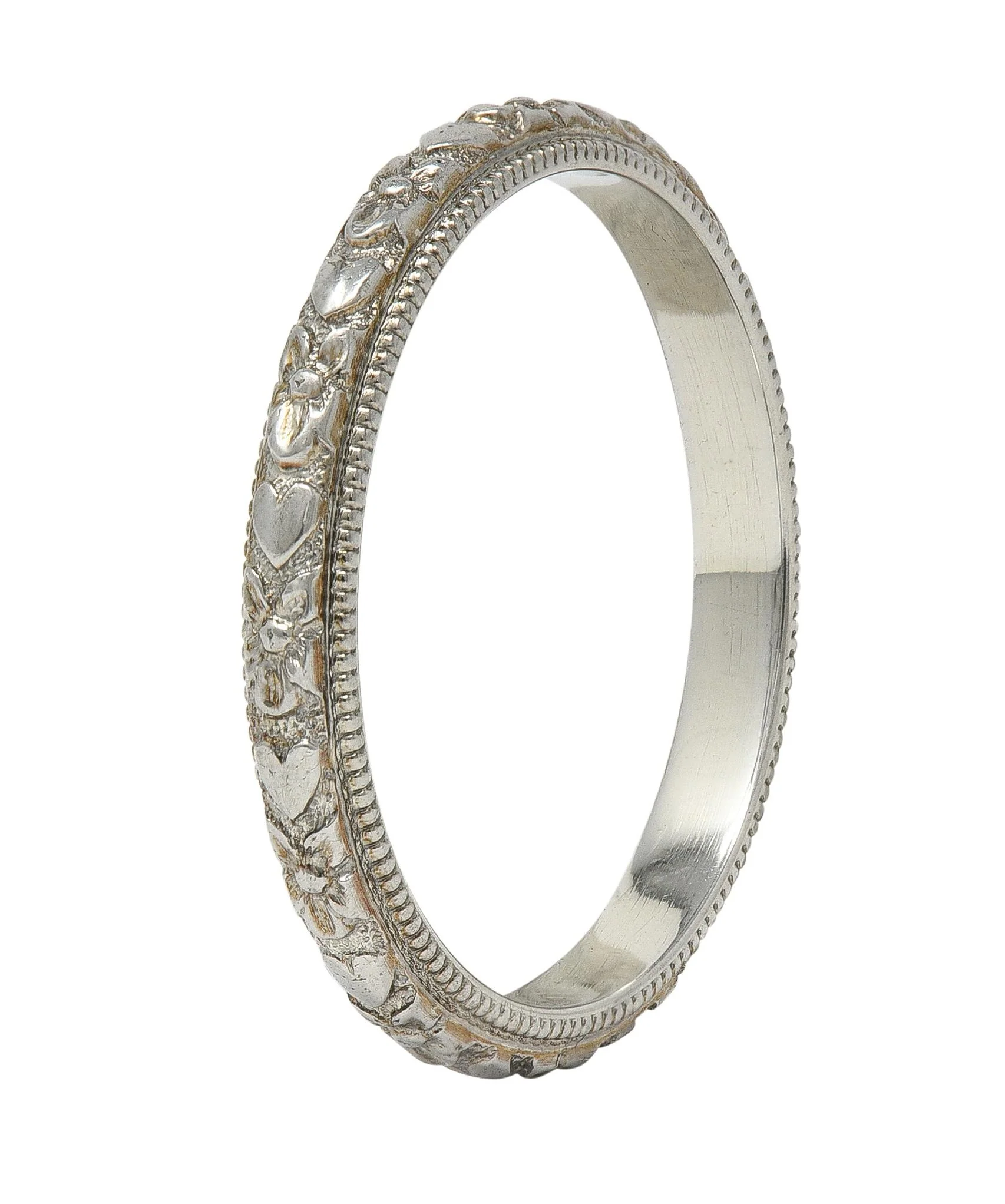 Art Deco 18 Karat White Gold Antique Vintage Orange Blossom Heart Wedding Band Ring - Image 2