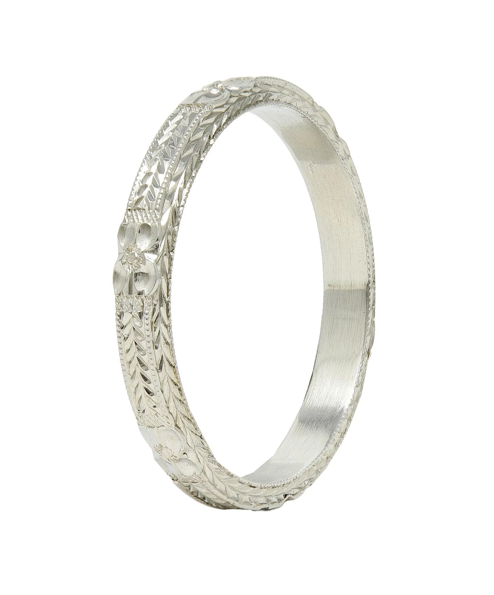 Art Deco 18 Karat White Gold Vintage Wheat Orange Blossom Wedding Band Ring - Image 2