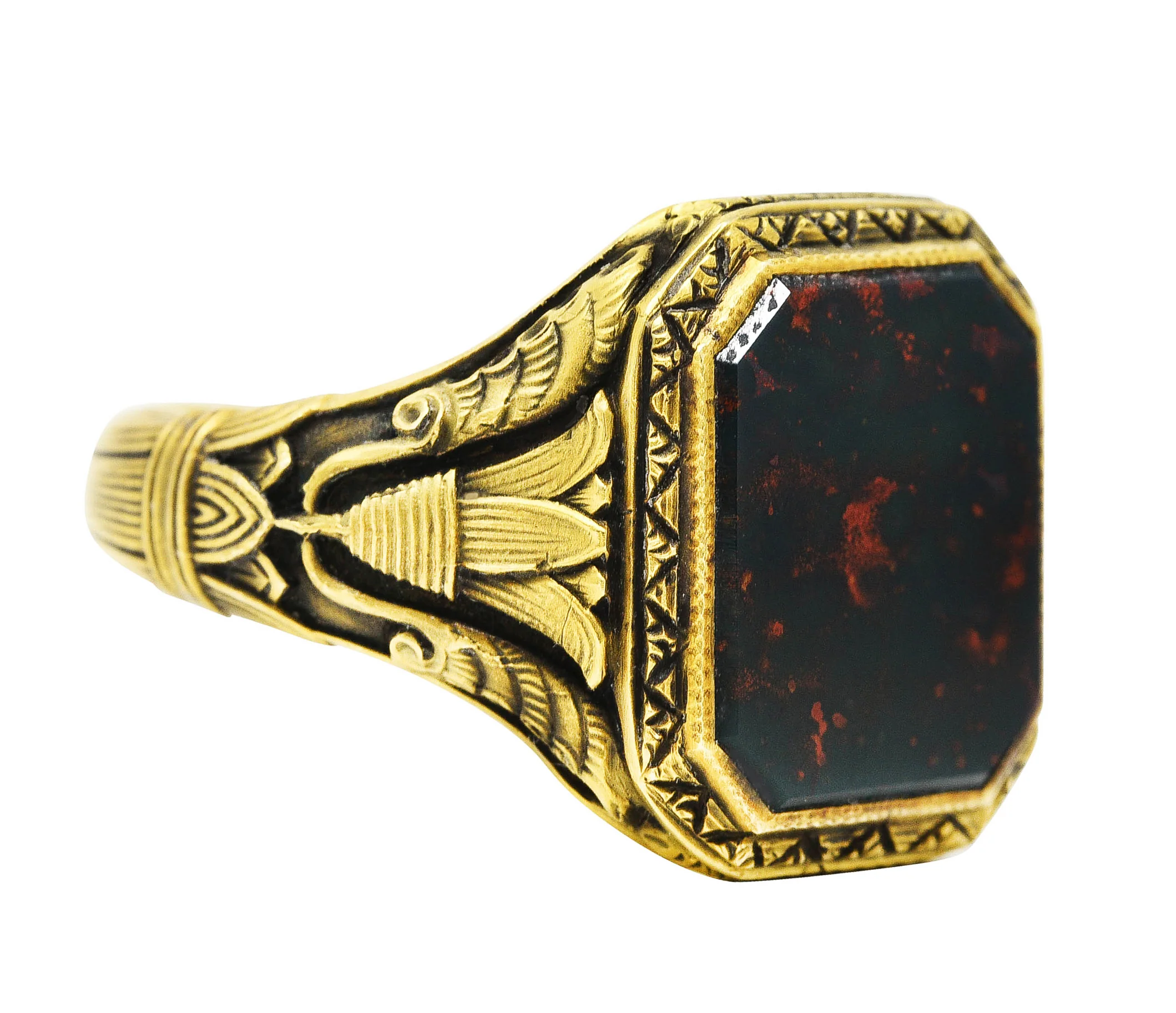 Art Deco 1930's Bloodstone 14 Karat Gold Lotus Unisex Signet Ring - Image 2