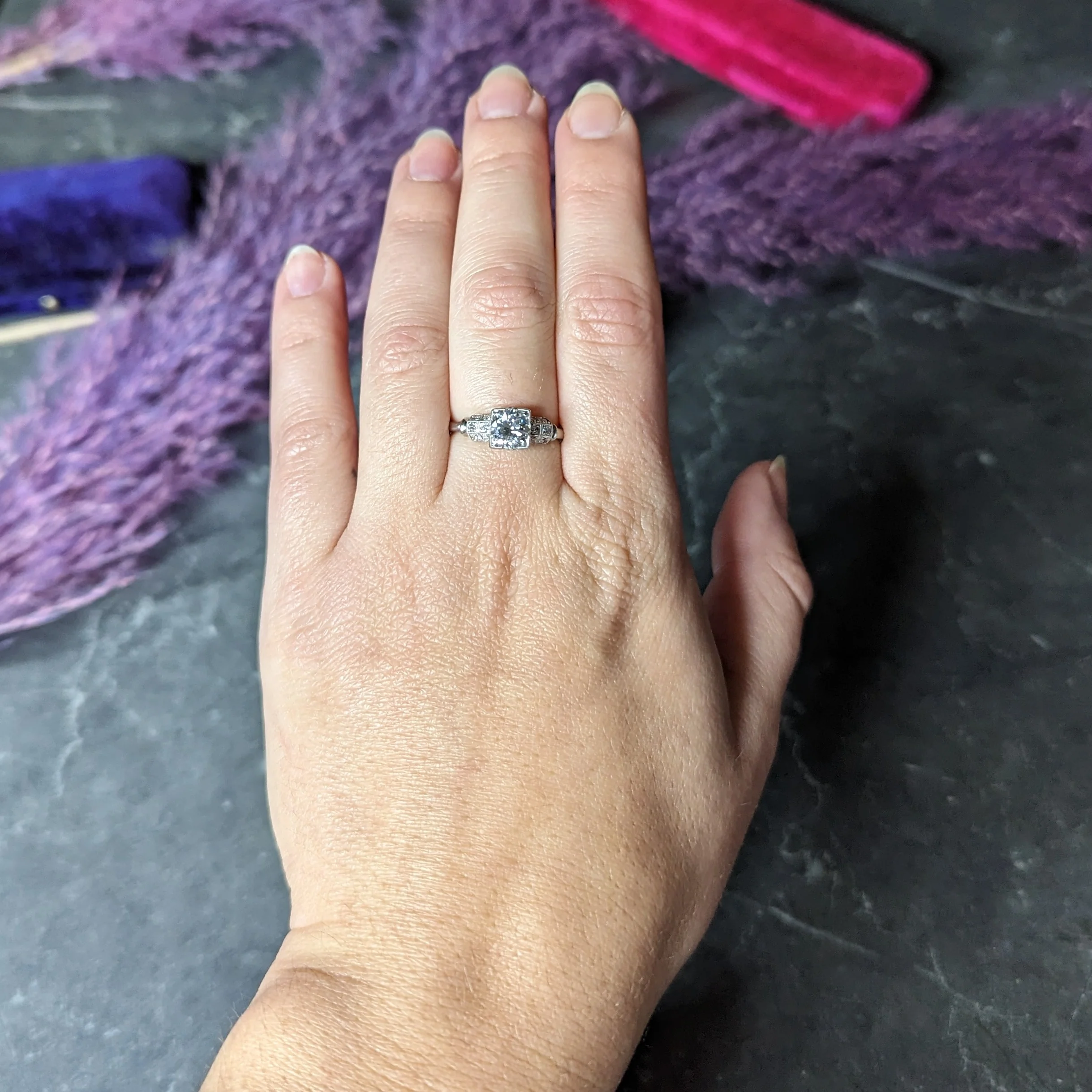 Art Deco 1935 1.11 CTW Old European Cut Diamond Platinum Foliate Engagement Ring - Image 11