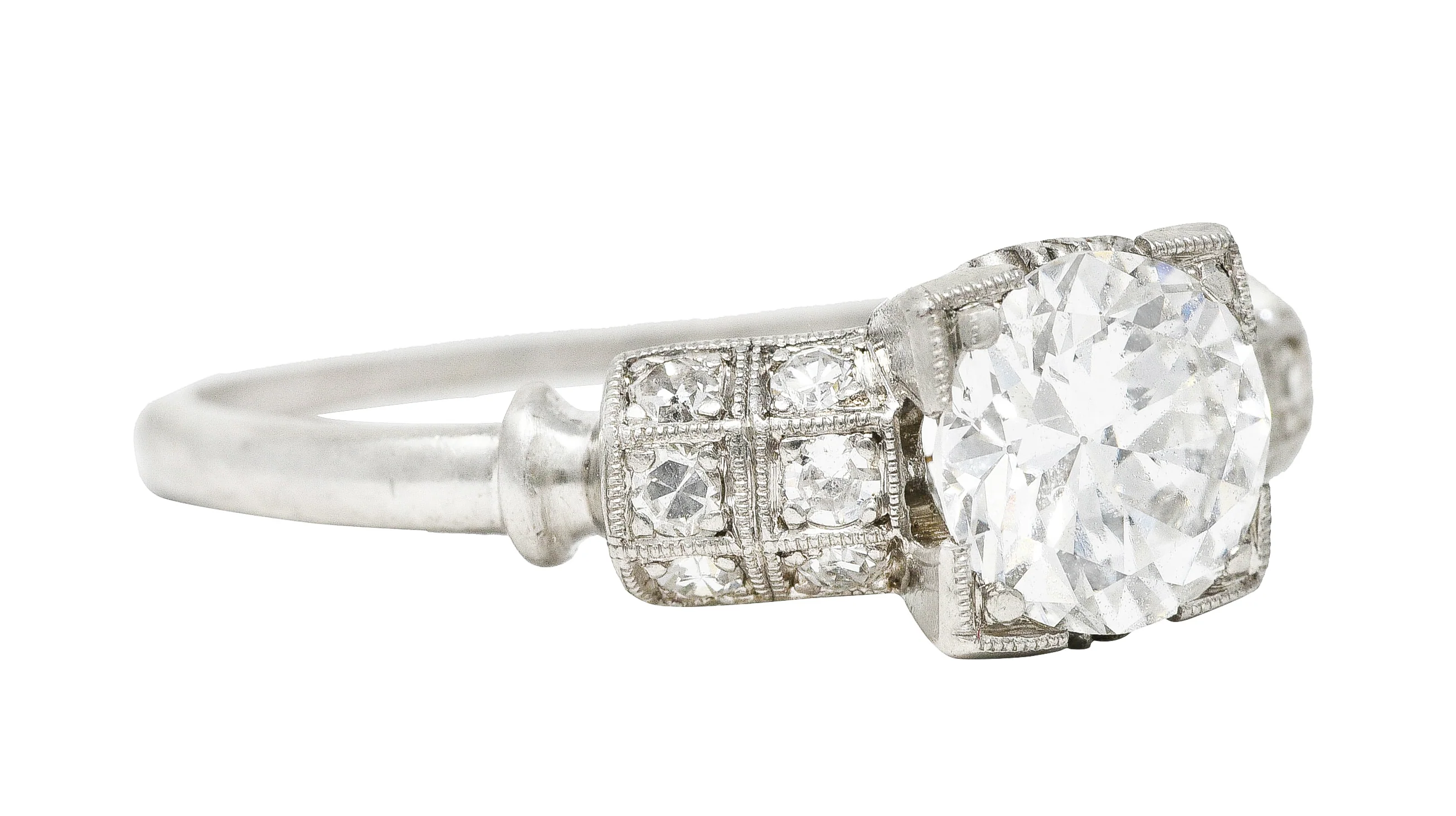 Art Deco 1935 1.11 CTW Old European Cut Diamond Platinum Foliate Engagement Ring - Image 2