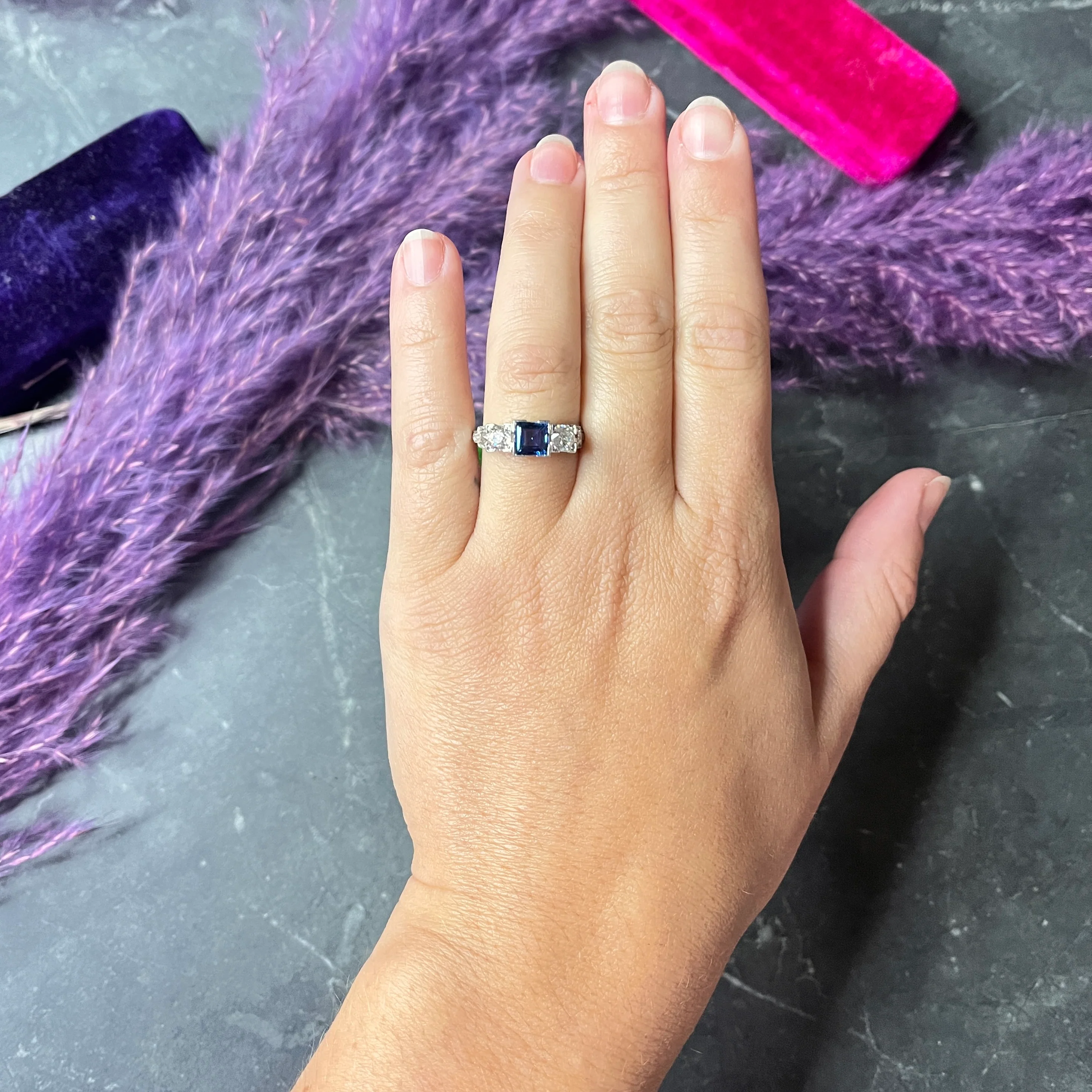 Art Deco 2.15 CTW Sapphire Diamond Platinum Five Stone Engagement Ring - Image 13