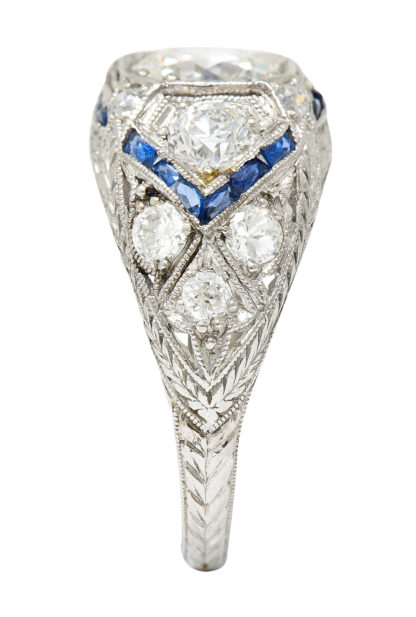 Art Deco 2.18 CTW Diamond Sapphire Platinum Engraved Engagement Ring - Image 10
