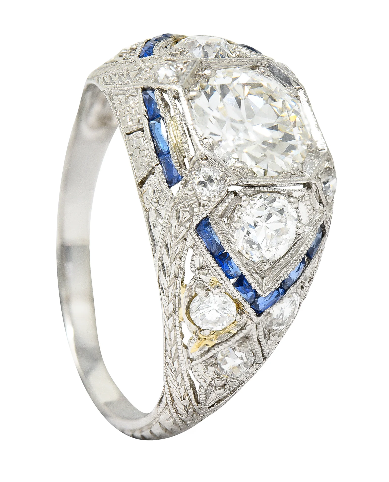 Art Deco 2.18 CTW Diamond Sapphire Platinum Engraved Engagement Ring - Image 11