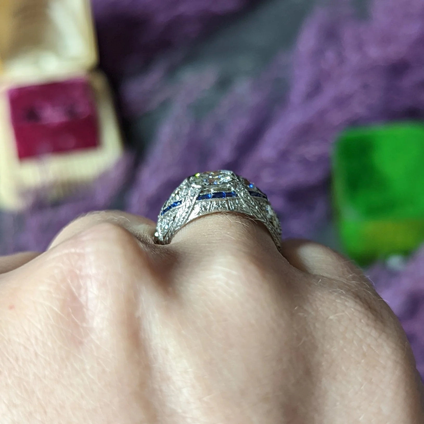 Art Deco 2.18 CTW Diamond Sapphire Platinum Engraved Engagement Ring - Image 14