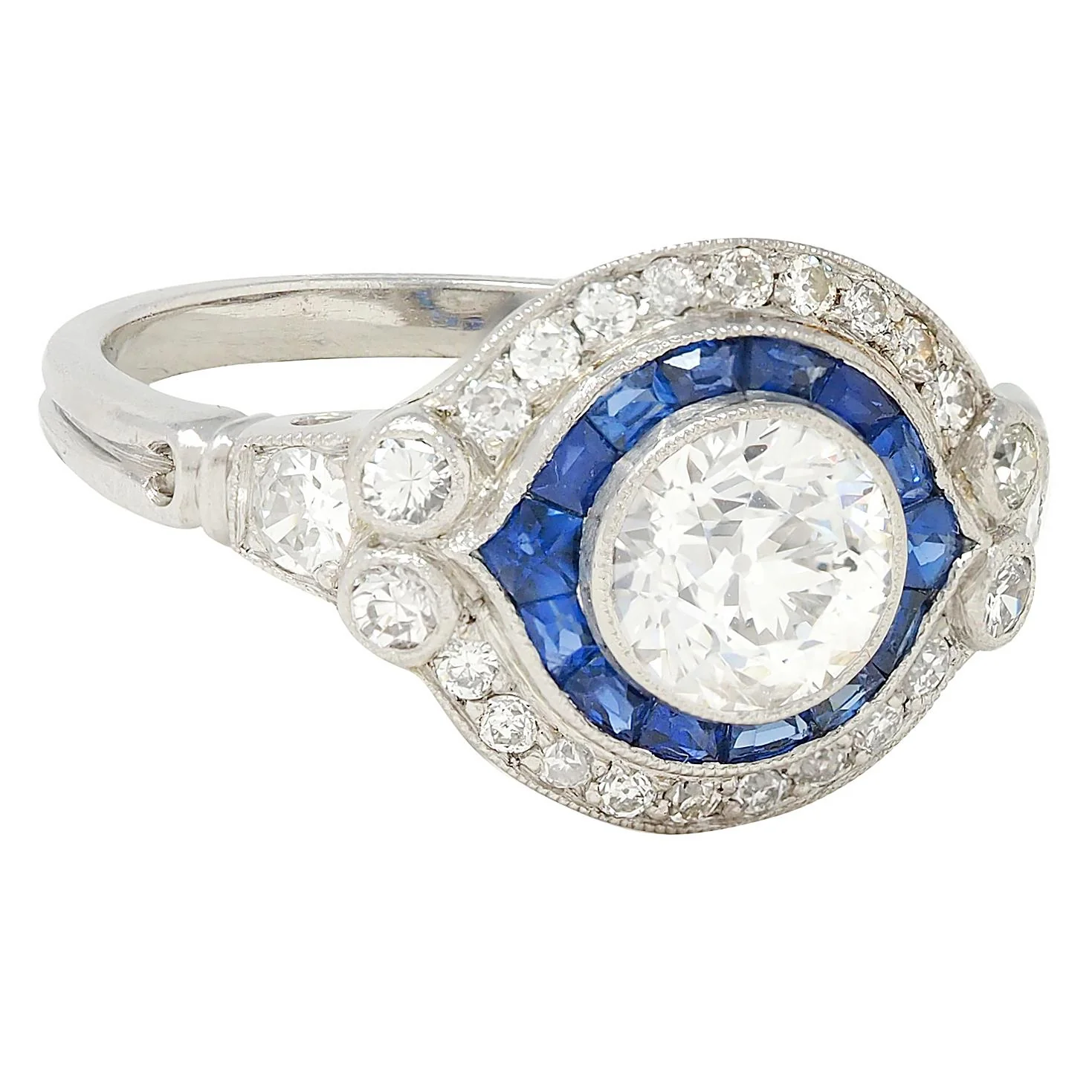 Art Deco 2.24 CTW Old European Cut Diamond Sapphire Platinum Vintage Halo Engagement Ring - Image 2