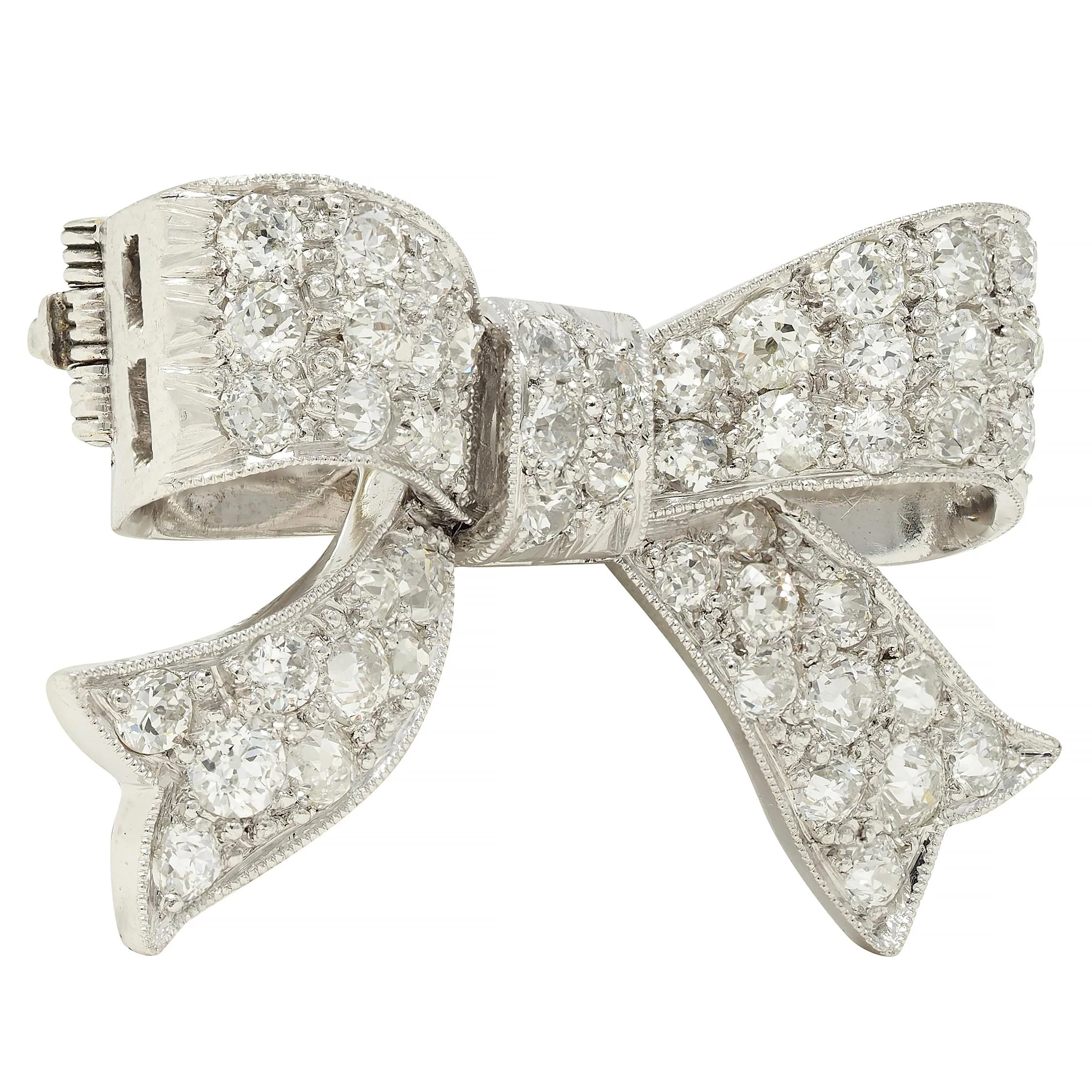 Art Deco 2.72 CTW Diamond Platinum 18 Karat Gold Vintage Bow Brooch - Image 2