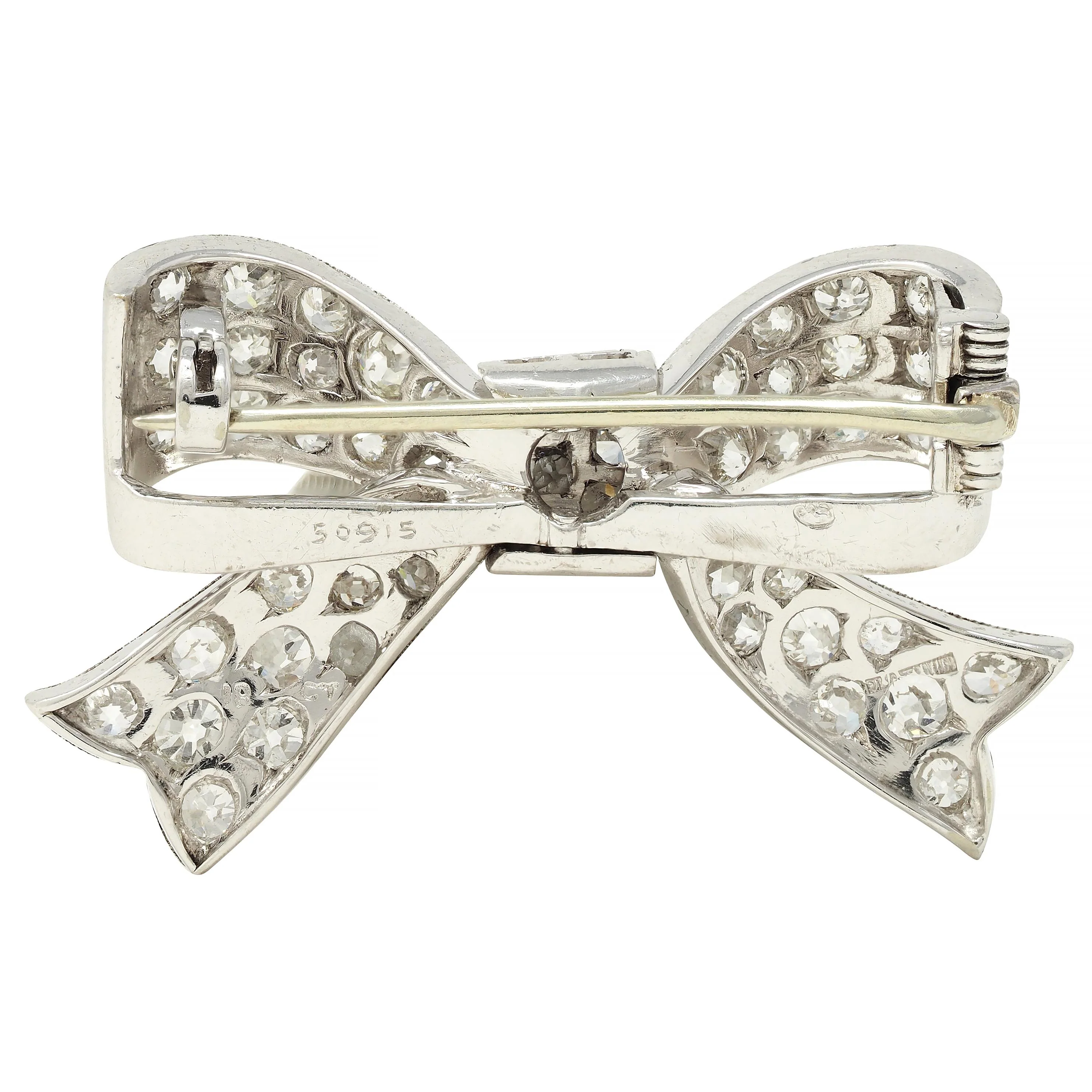 Art Deco 2.72 CTW Diamond Platinum 18 Karat Gold Vintage Bow Brooch - Image 3