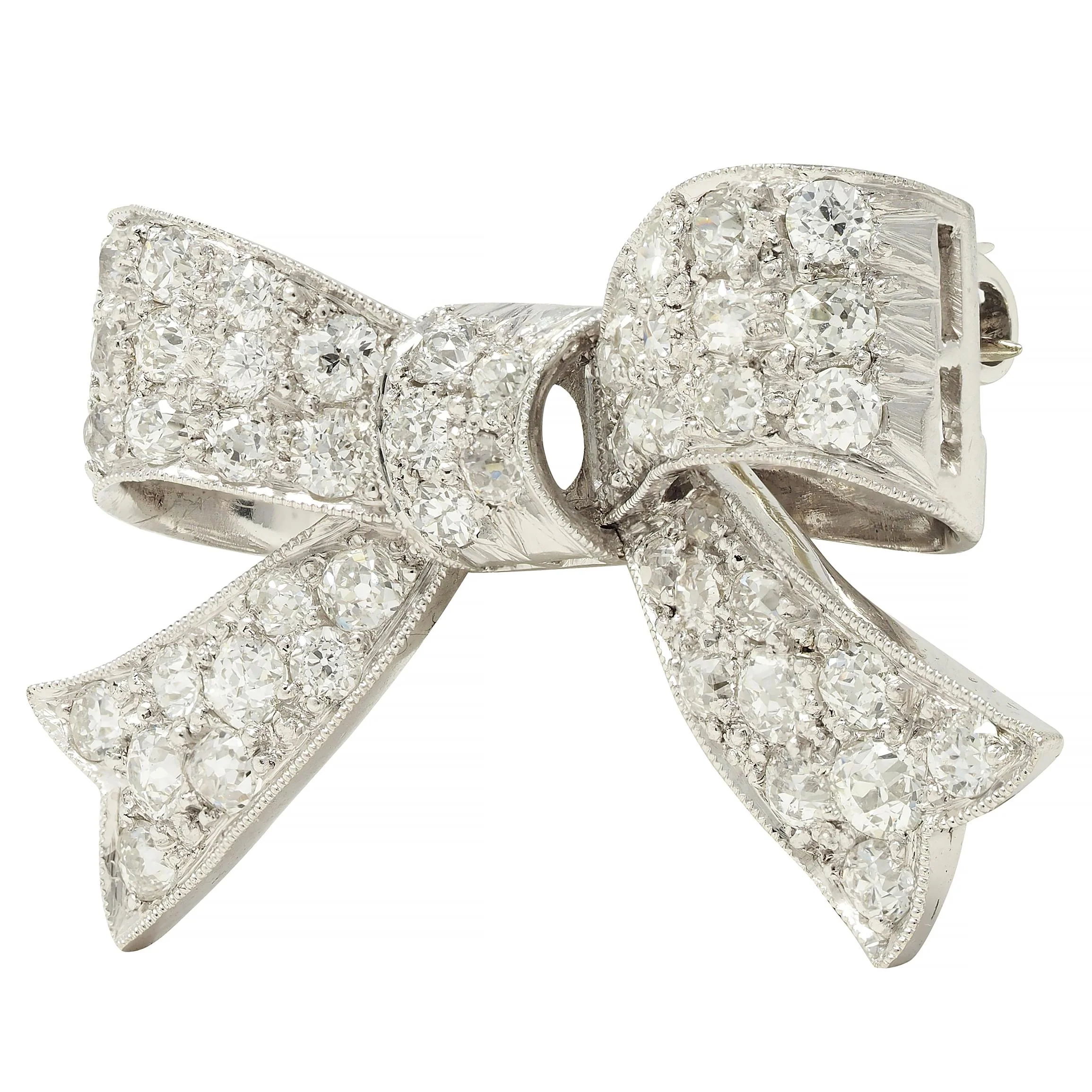 Art Deco 2.72 CTW Diamond Platinum 18 Karat Gold Vintage Bow Brooch - Image 4