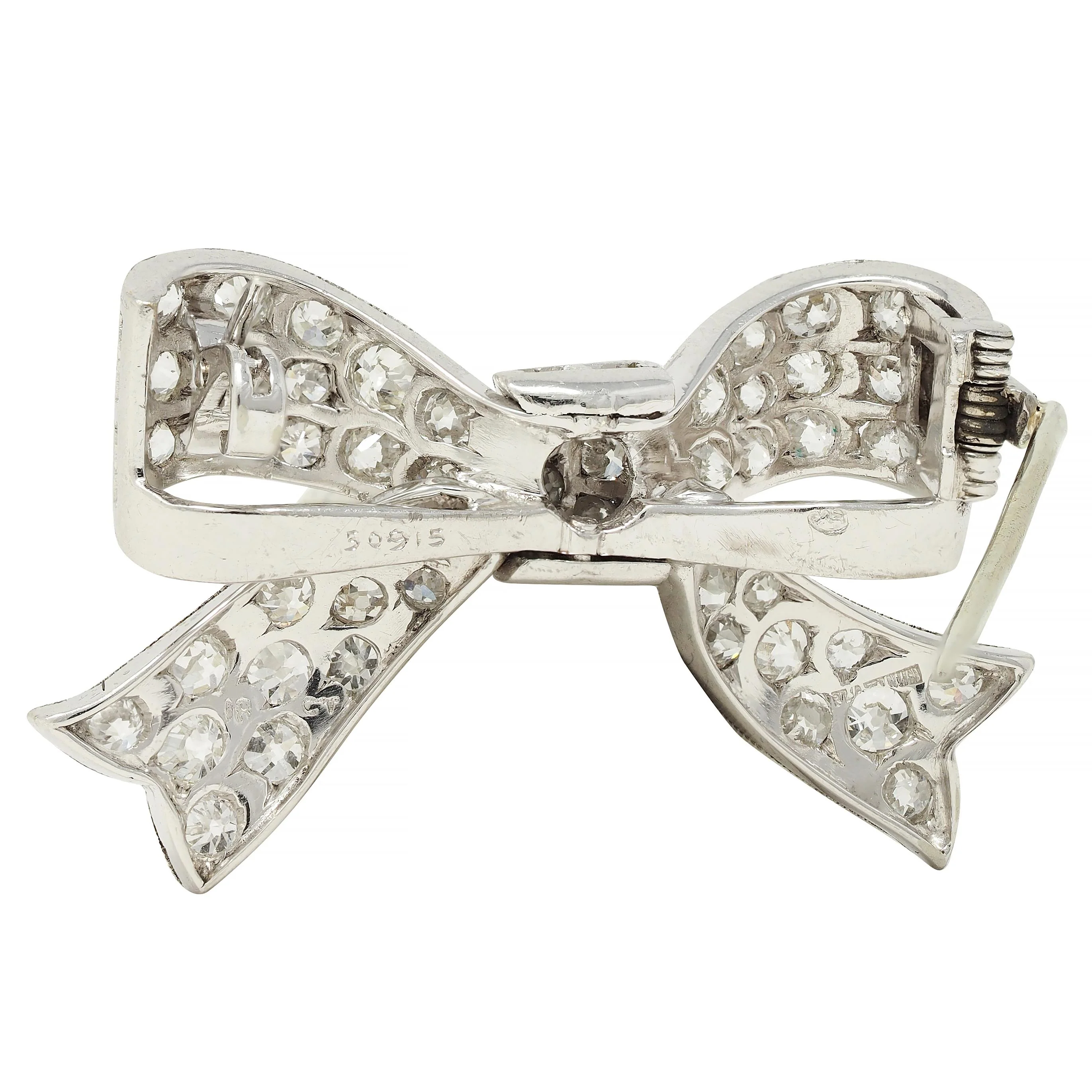 Art Deco 2.72 CTW Diamond Platinum 18 Karat Gold Vintage Bow Brooch - Image 5