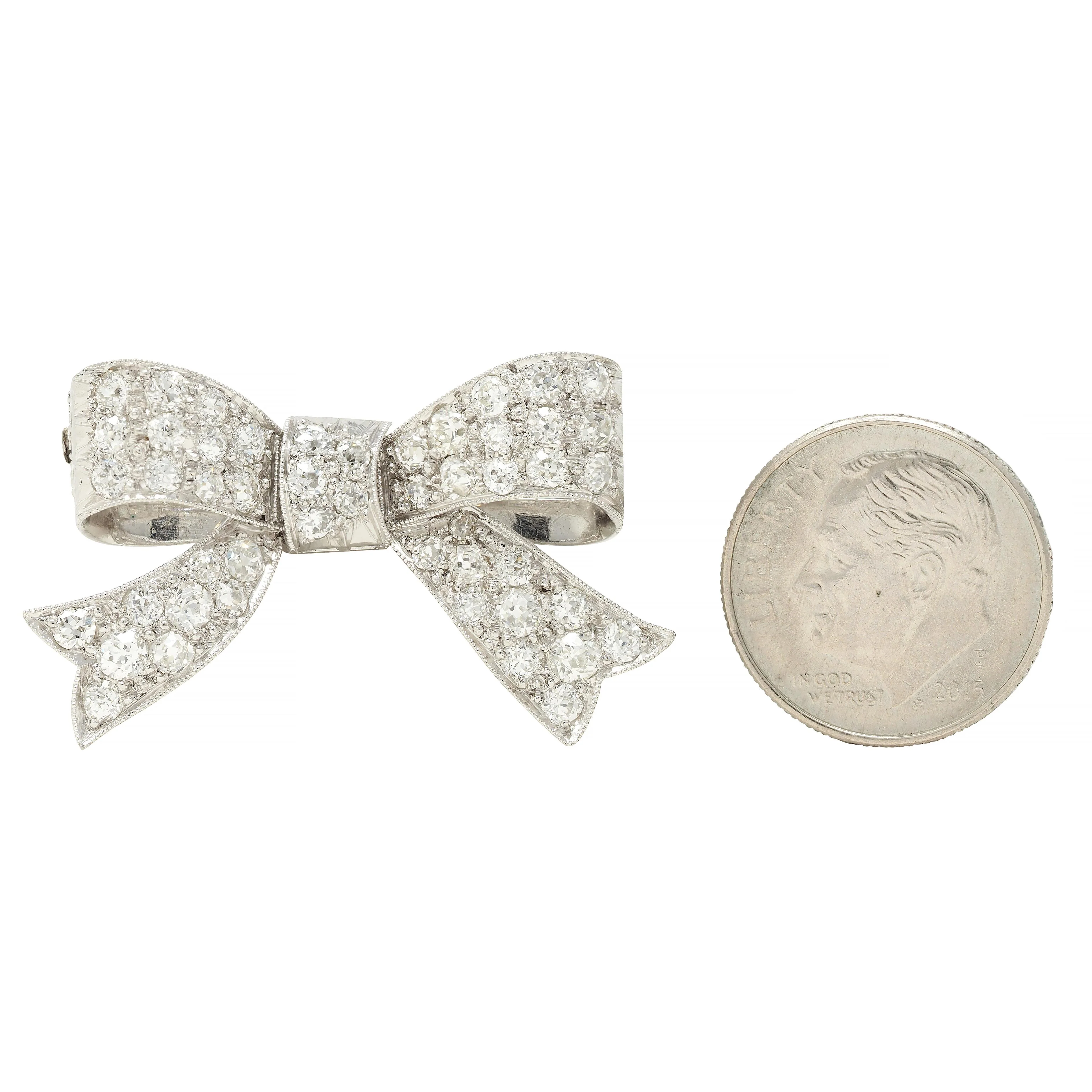 Art Deco 2.72 CTW Diamond Platinum 18 Karat Gold Vintage Bow Brooch - Image 6