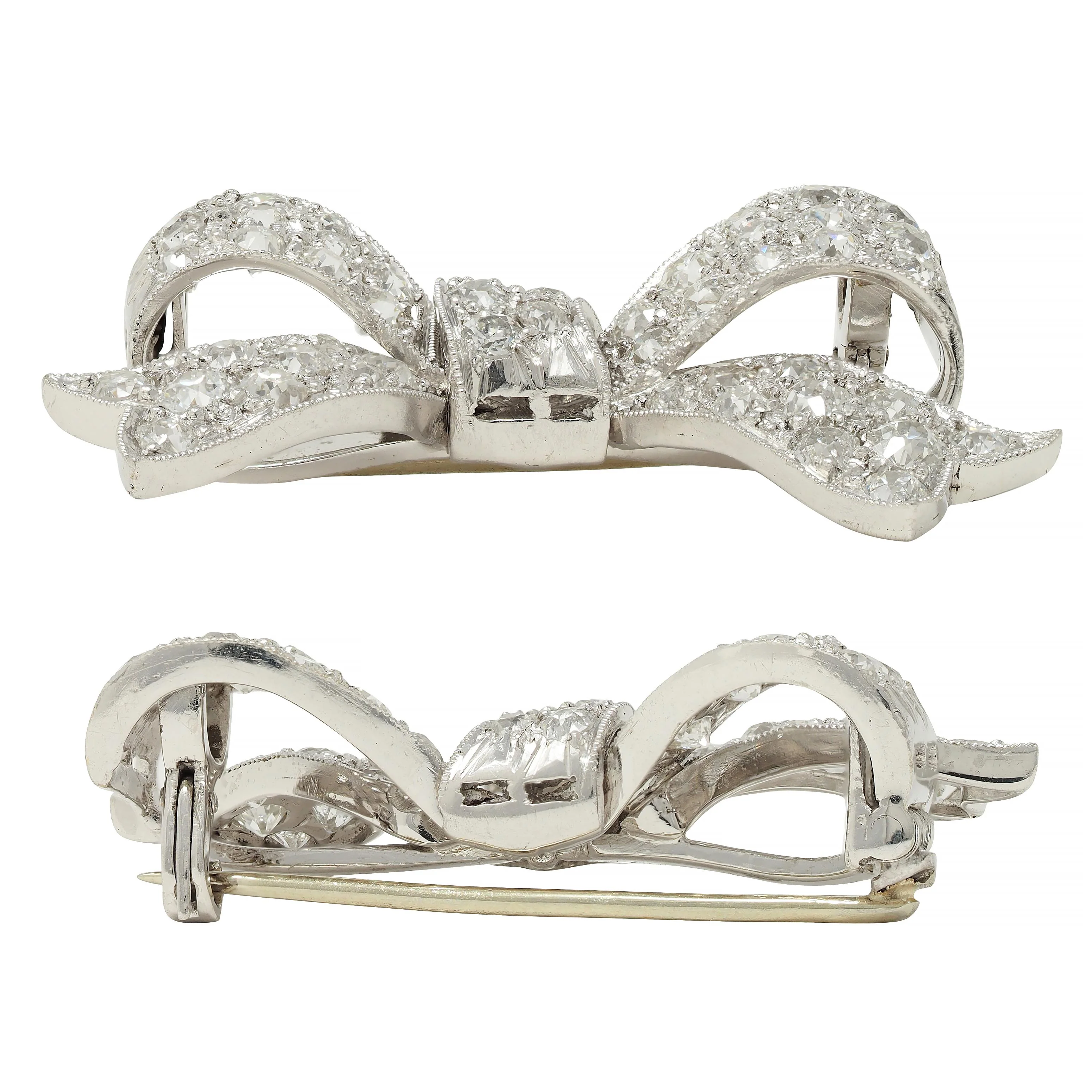 Art Deco 2.72 CTW Diamond Platinum 18 Karat Gold Vintage Bow Brooch - Image 7