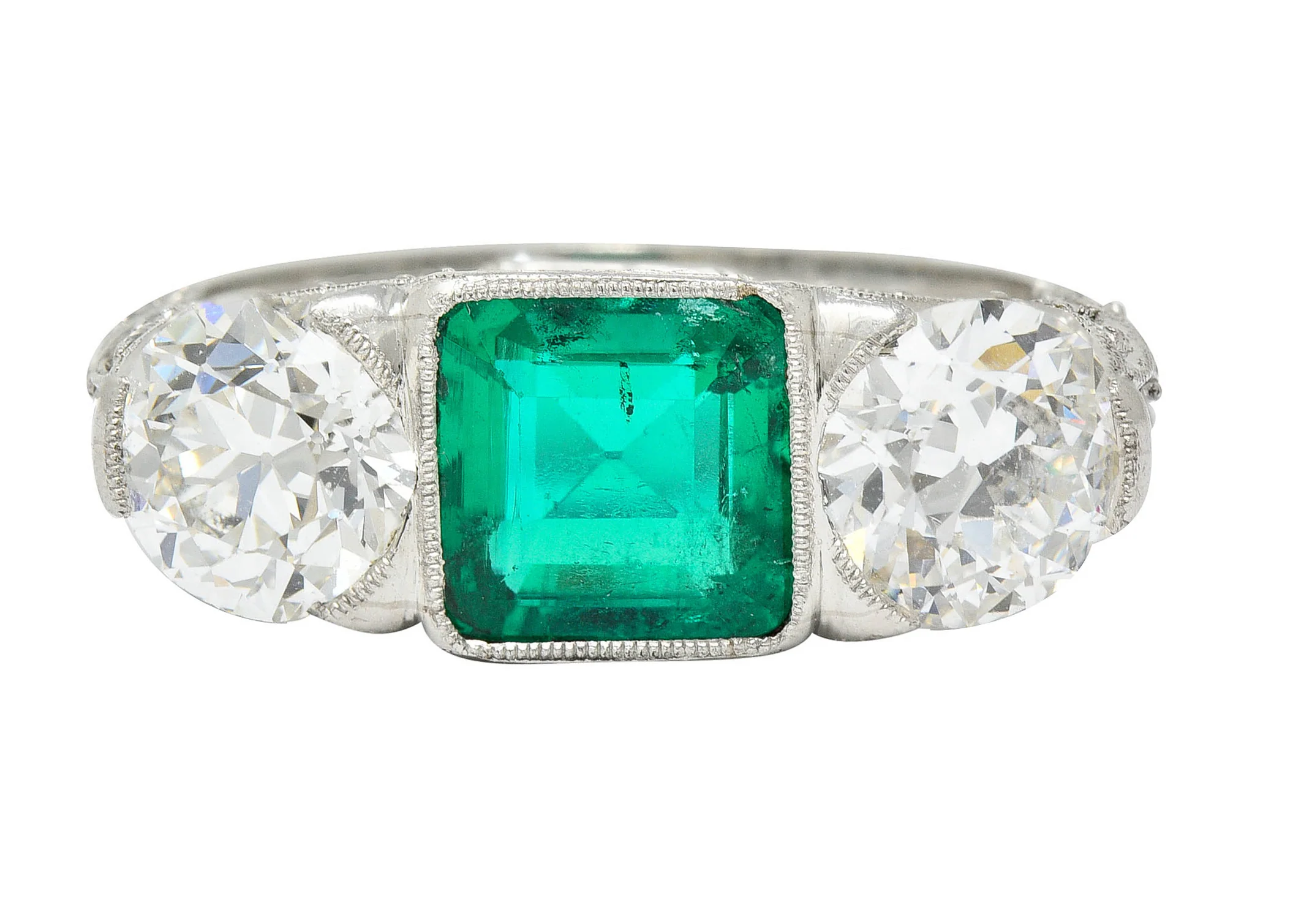 Art Deco 3.30 CTW Diamond Emerald Platinum Three Stone Ring