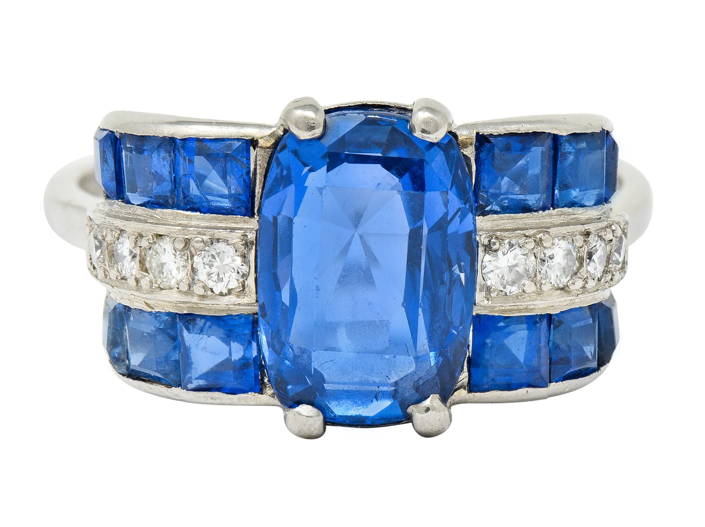 Art Deco 4.41 CTW No Heat Burma Sapphire Diamond Platinum Band Ring GIA