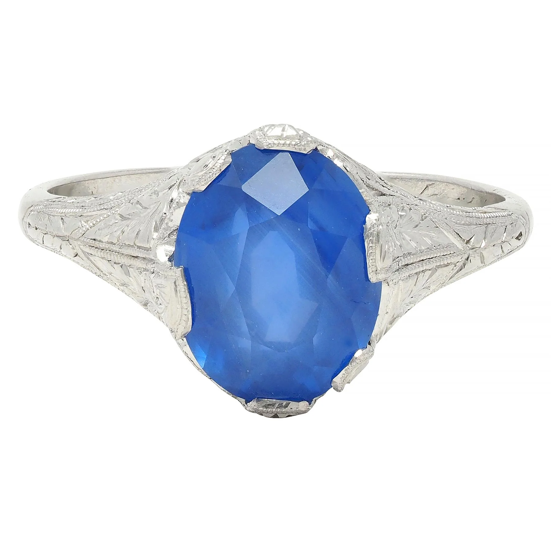 Art Deco 4.43 CTW No Heat Ceylon Sapphire Platinum Foliate Vintage Ring GIA - Image 11