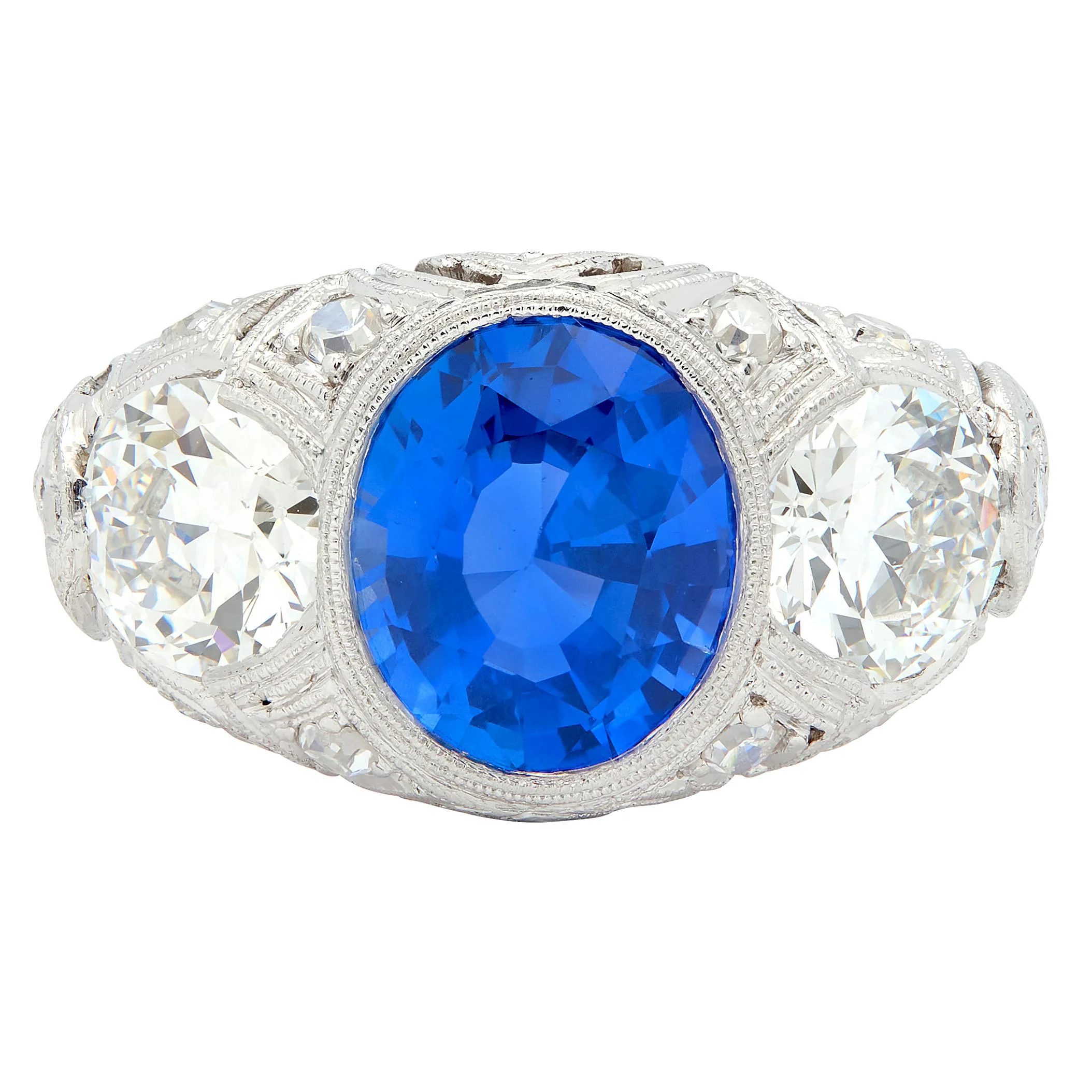 Art Deco 4.90 CTW No Heat Ceylon Sapphire Diamond Platinum Antique Three Stone Lotus Ring AGL - Image 11