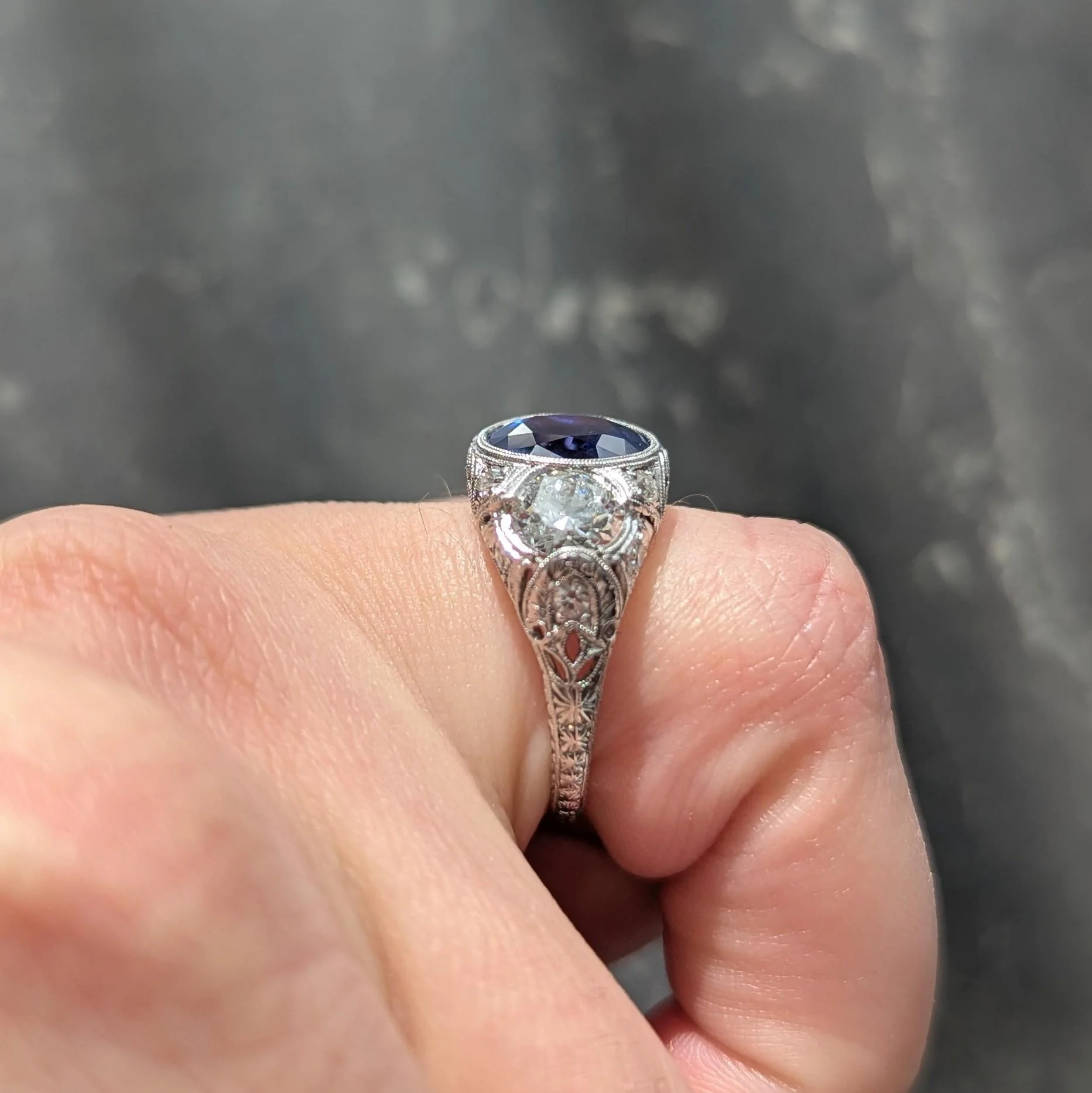 Art Deco 4.90 CTW No Heat Ceylon Sapphire Diamond Platinum Antique Three Stone Lotus Ring AGL - Image 12