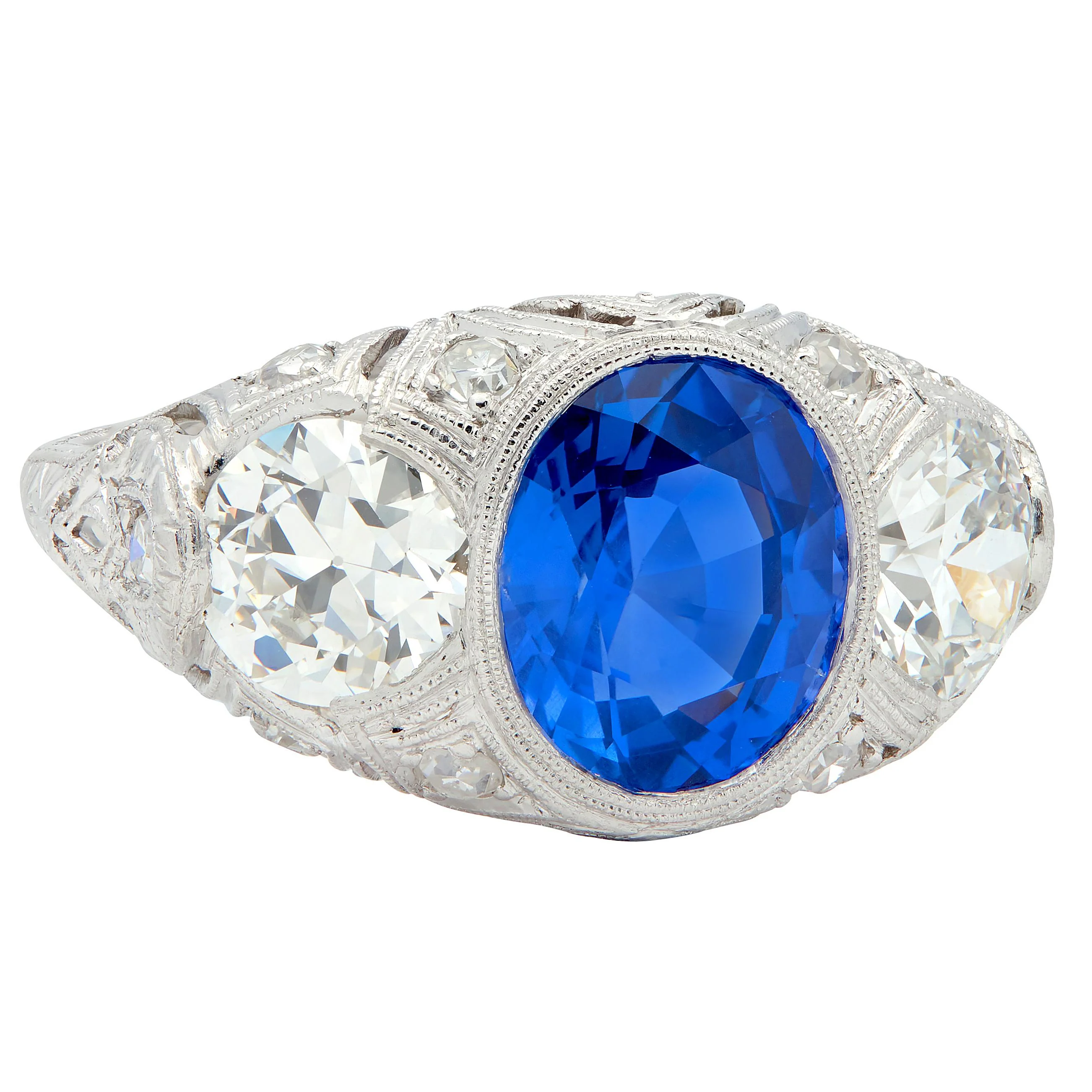 Art Deco 4.90 CTW No Heat Ceylon Sapphire Diamond Platinum Antique Three Stone Lotus Ring AGL - Image 3