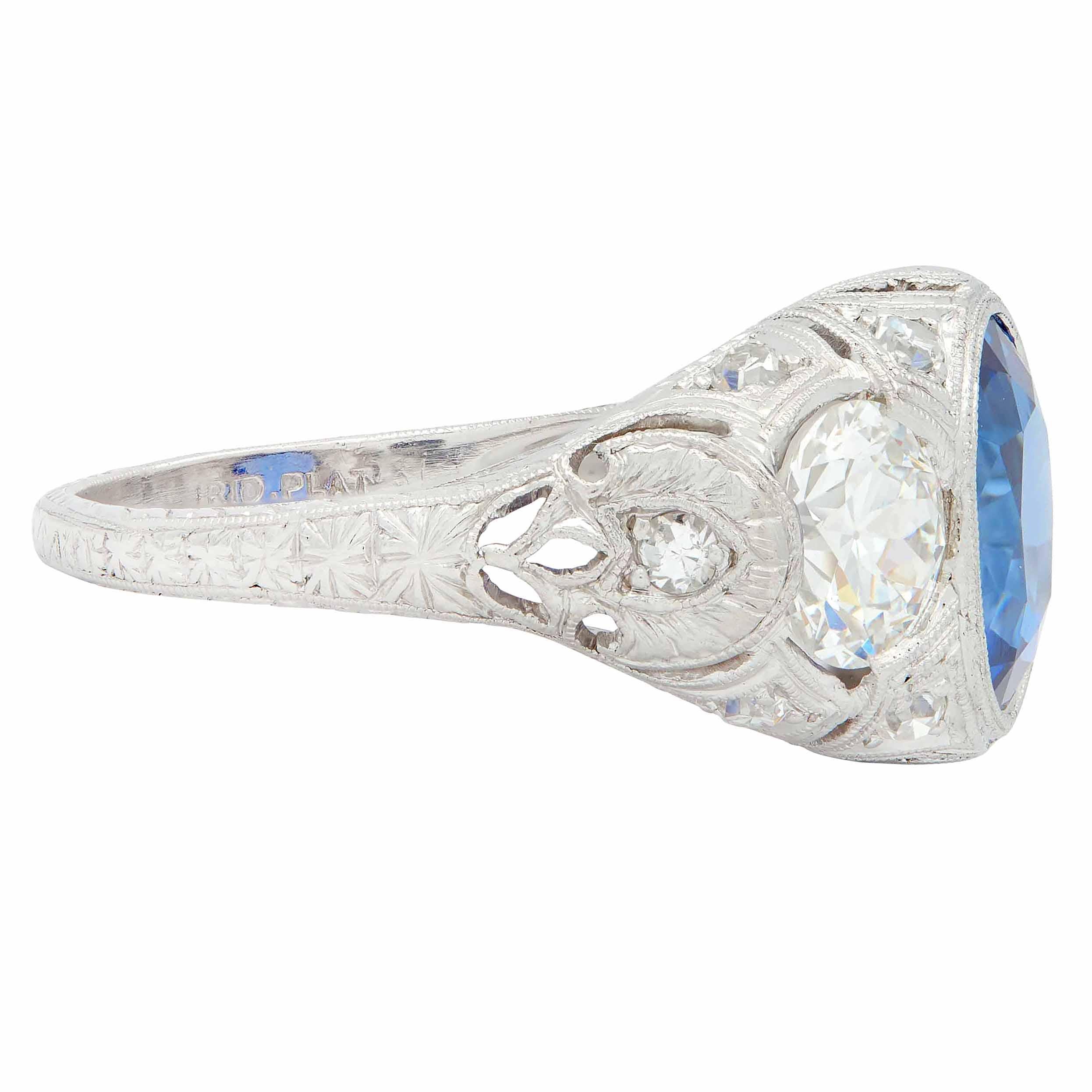 Art Deco 4.90 CTW No Heat Ceylon Sapphire Diamond Platinum Antique Three Stone Lotus Ring AGL - Image 4