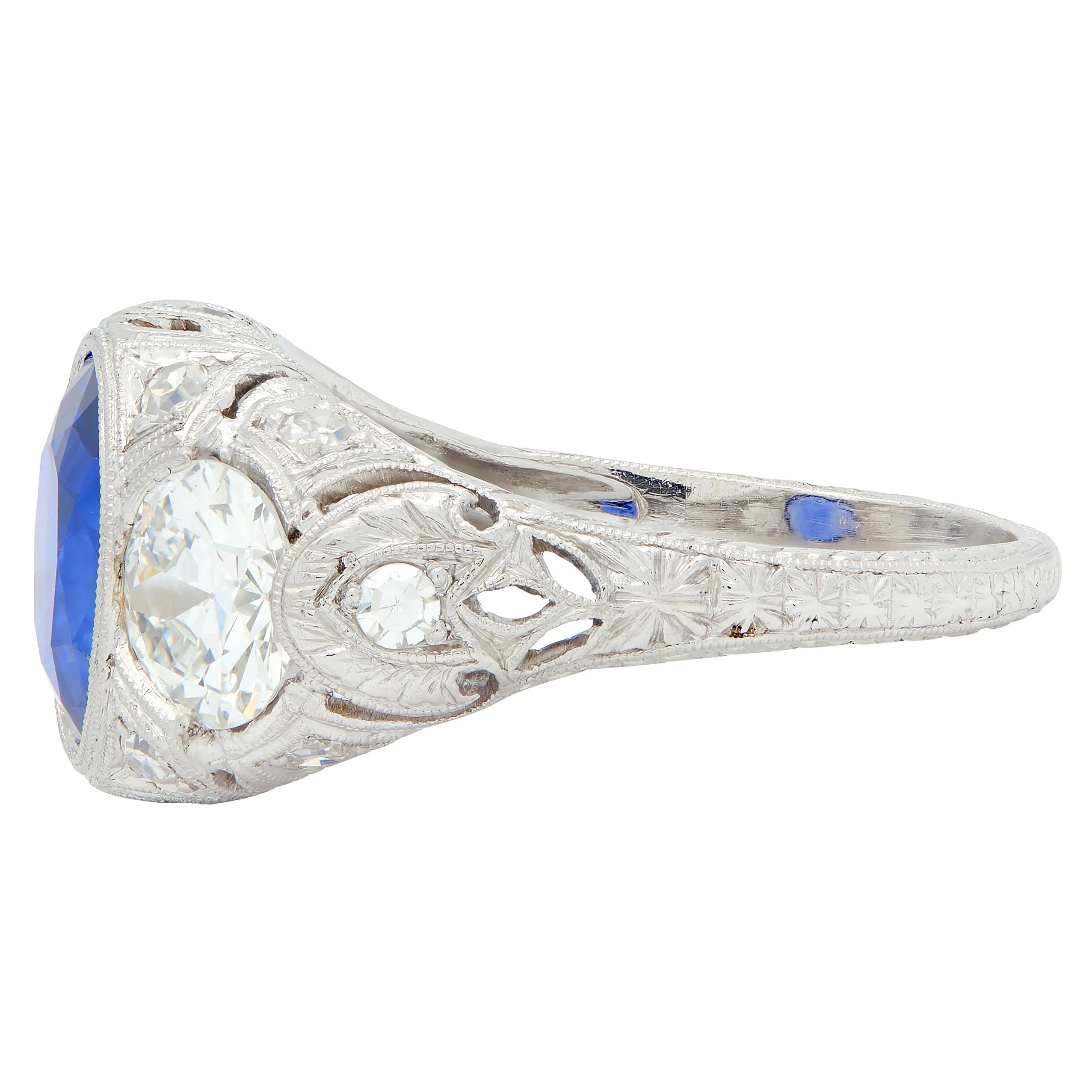 Art Deco 4.90 CTW No Heat Ceylon Sapphire Diamond Platinum Antique Three Stone Lotus Ring AGL - Image 7