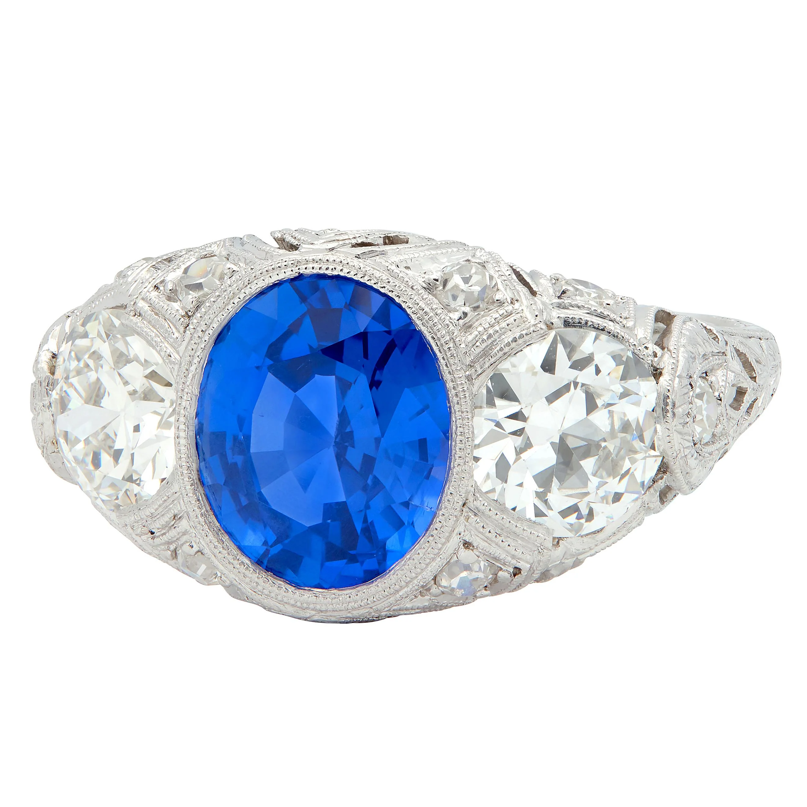 Art Deco 4.90 CTW No Heat Ceylon Sapphire Diamond Platinum Antique Three Stone Lotus Ring AGL - Image 8