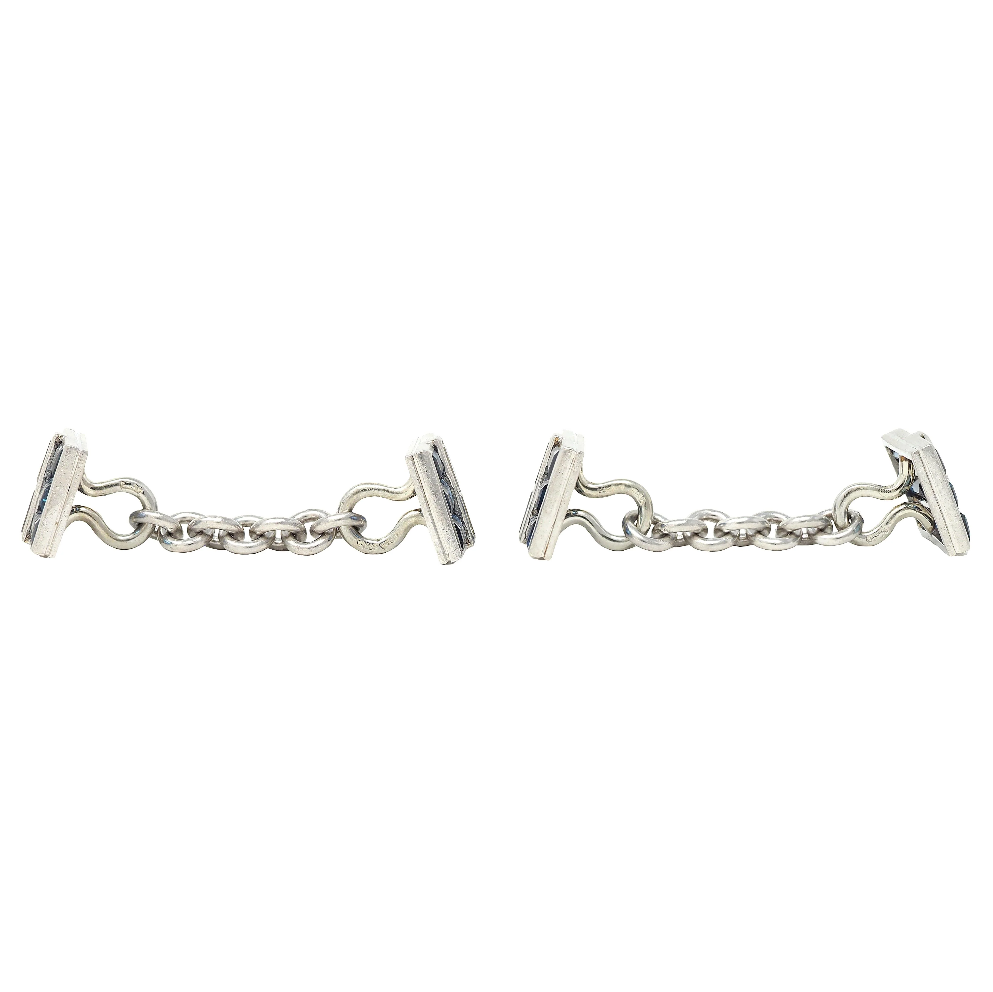 Art Deco 5.44 CTW Sapphire Diamond 14 Karat White Gold Vintage Cufflinks - Image 2